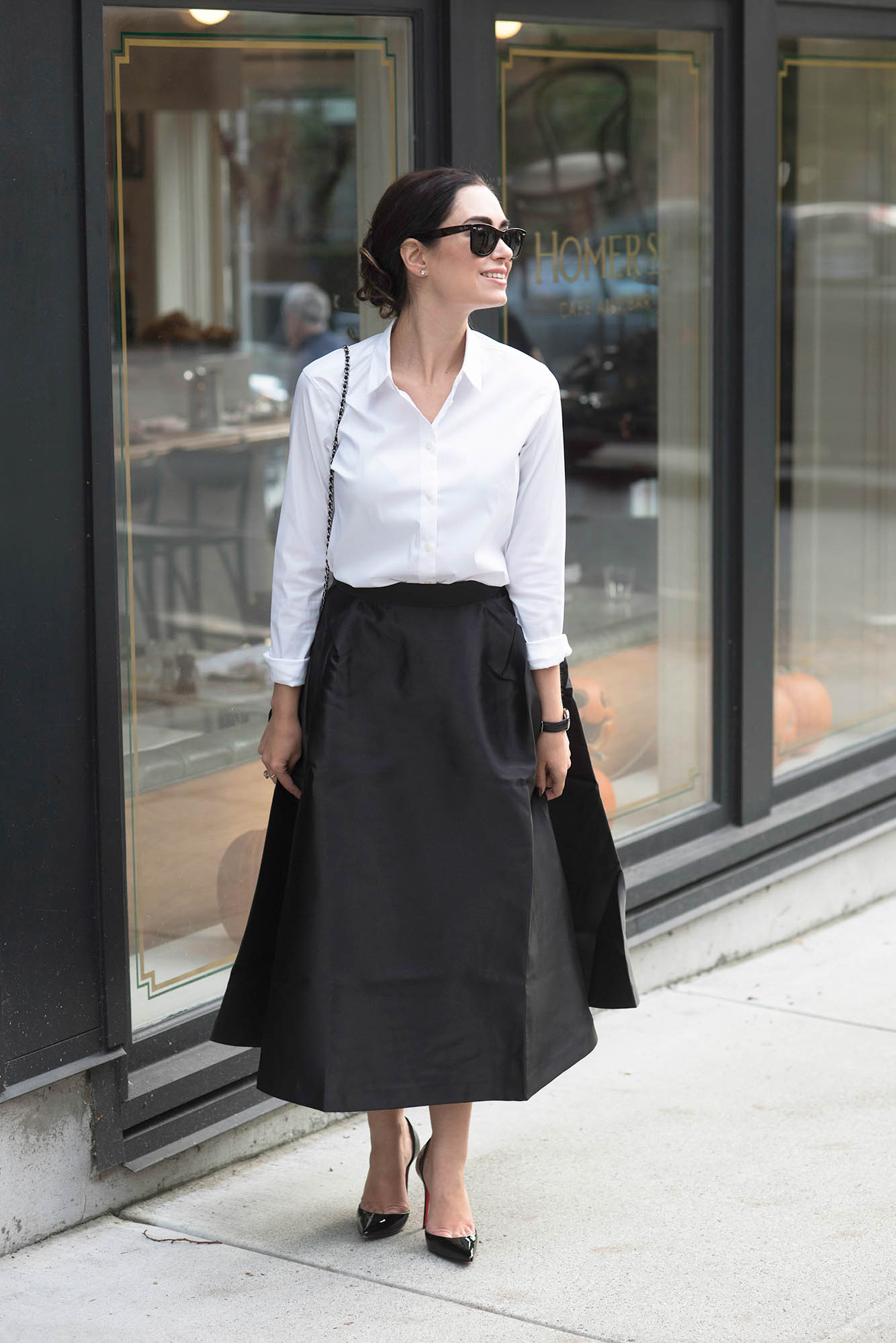 coco and vera holiday office party outfit cee fardoe white uniqlo blouse black stylewe skirt black christian louboutin pumps rayban sunglasses daniel wellington watch