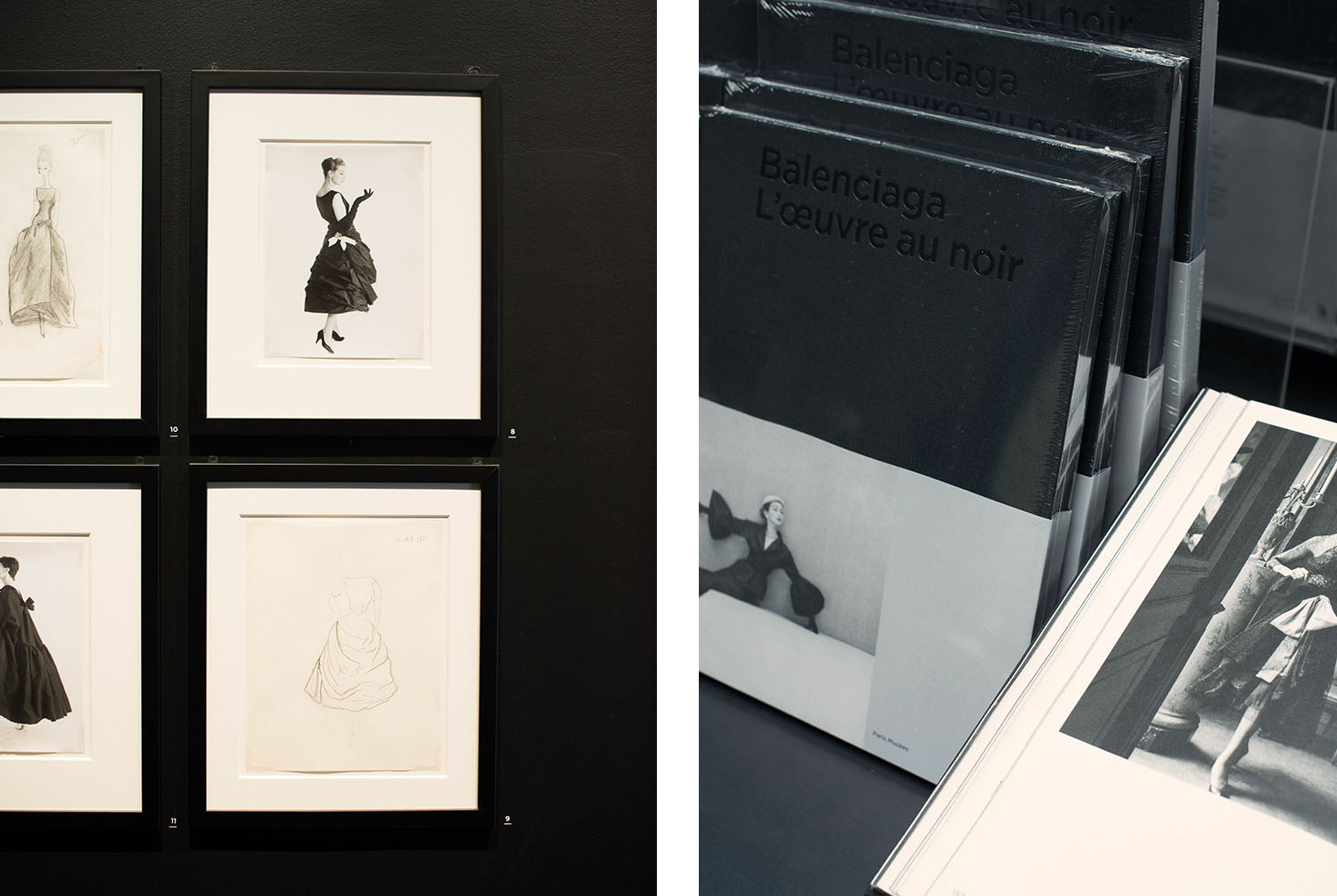 Sketches, photos and books at the Balenciaga: L'Oeuvre au noir exhibit, captured by travel blogger Cee Fardoe of Coco & Vera