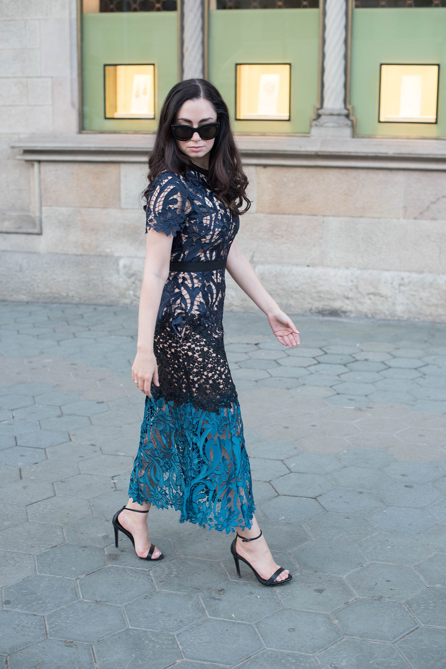Fashion blogger Cee Fardoe of Coco & Vera wears a Self-Portrait dress in Barcelona