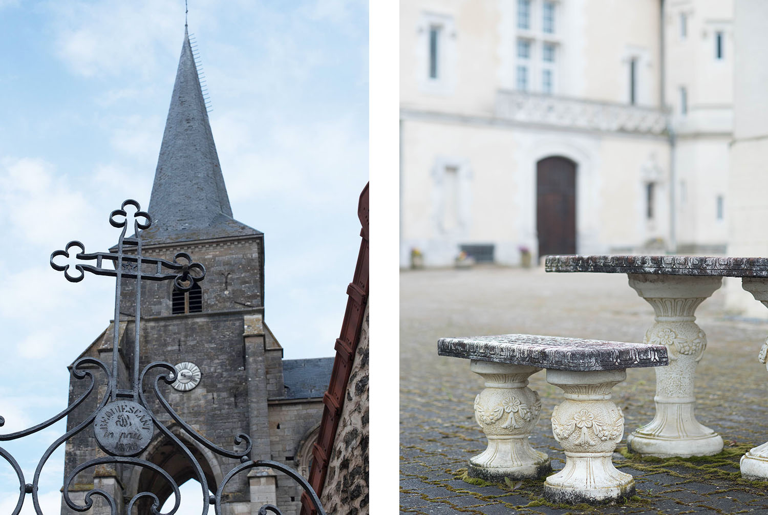 Bell tower and picnic bench in Sainte-Sabine, France, captured by travel blogger Cee Fardoe of Coco & Vera