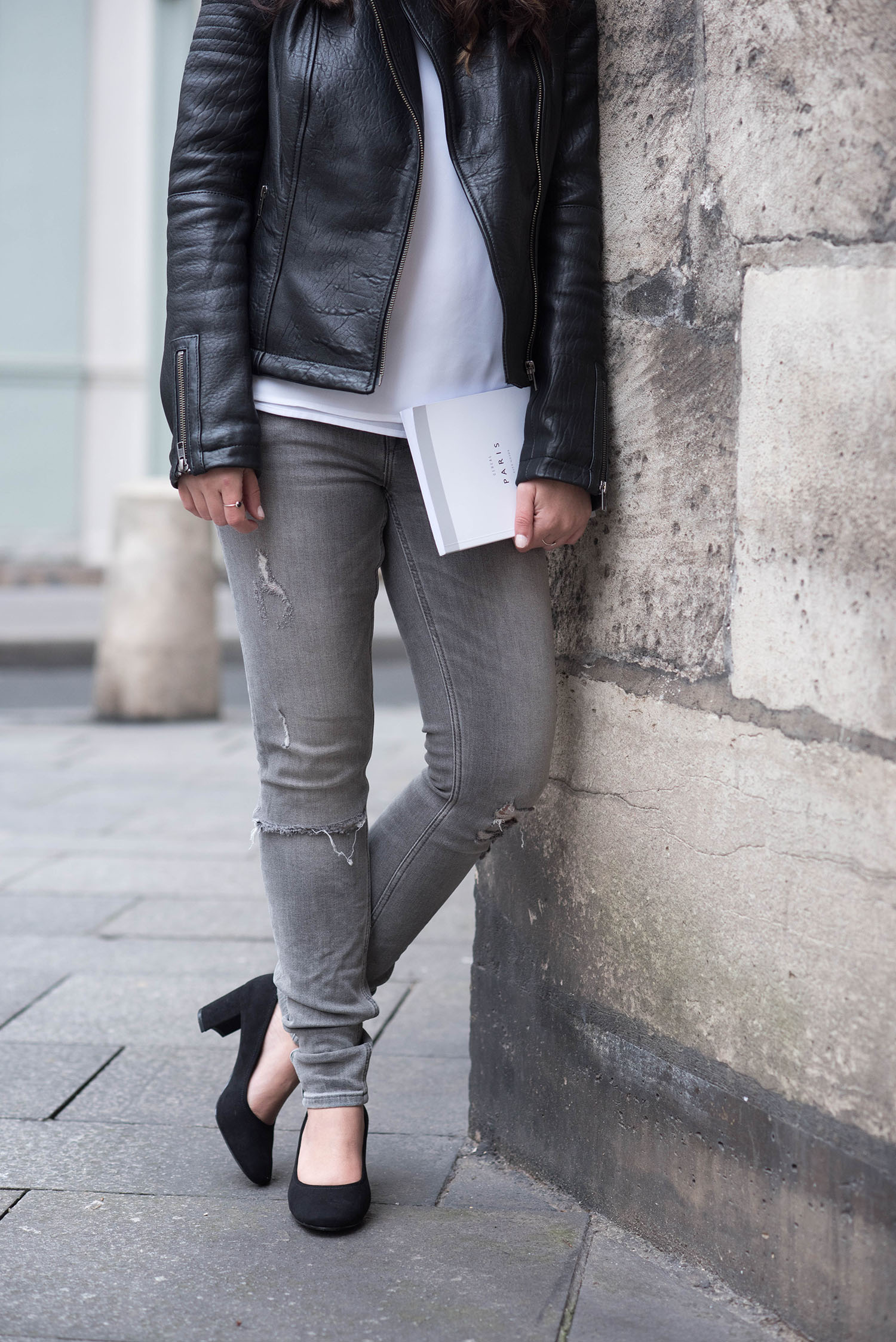 Details on lifestyle blogger Cee Fardoe of Coco & Vera, including H&M block heels and grey Zara jeans