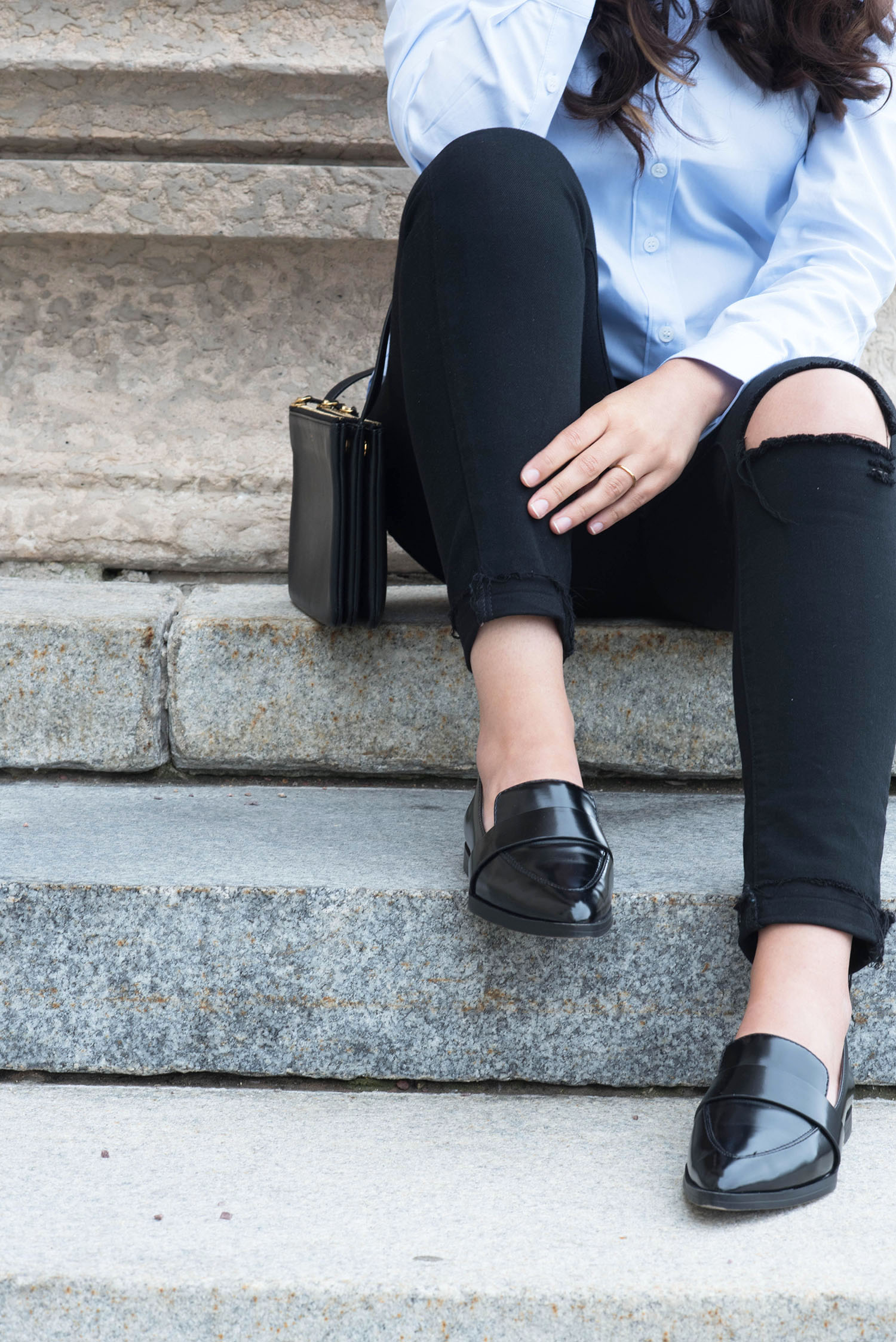 Outfit details on fashion blogger Cee Fardoe of Coco & Vera, wearing Charles & Keith flats and a Celine trio bag