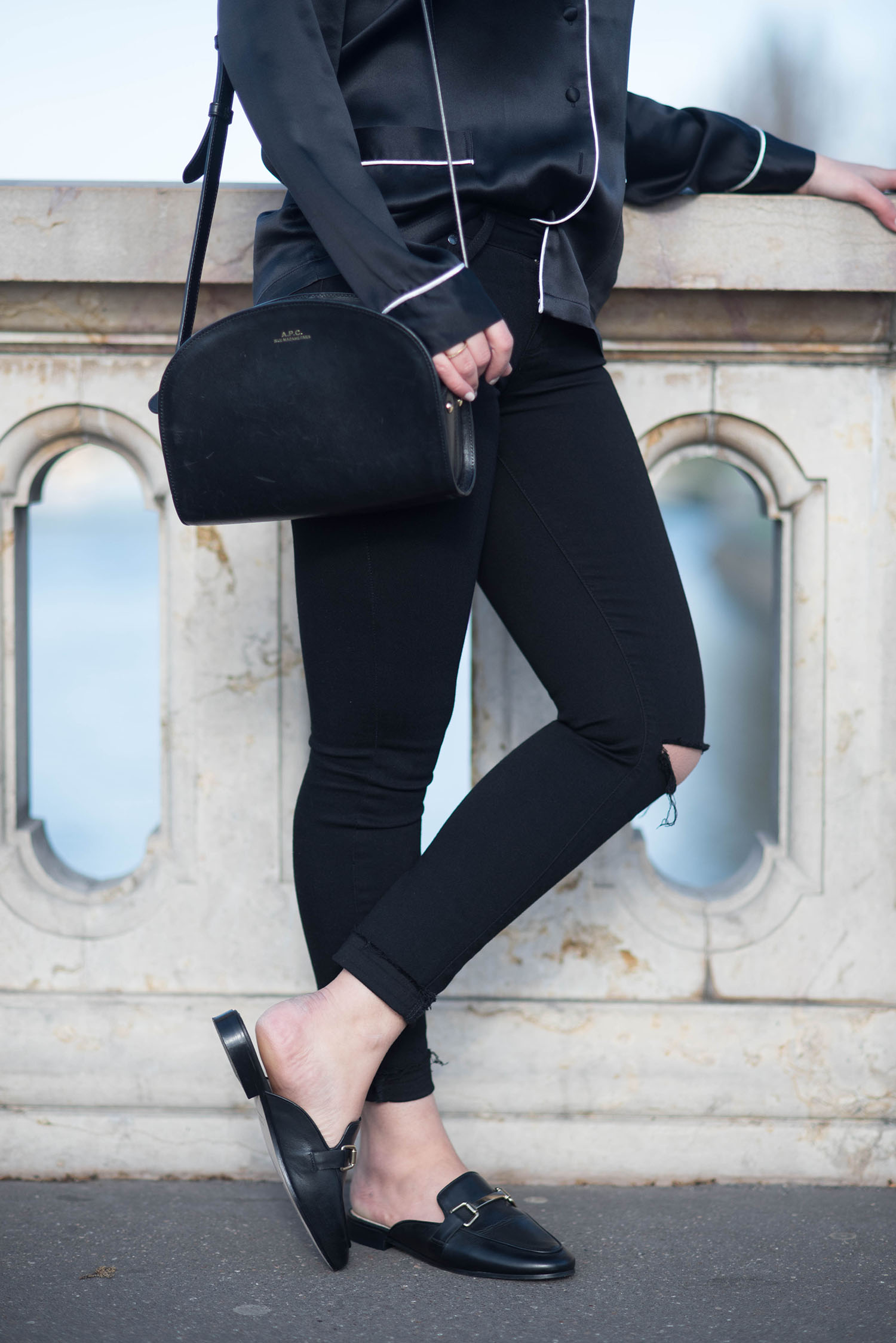 Outfit details on Winnipeg style blogger Cee Fardoe, wearing Jonak mules and Paige jeans