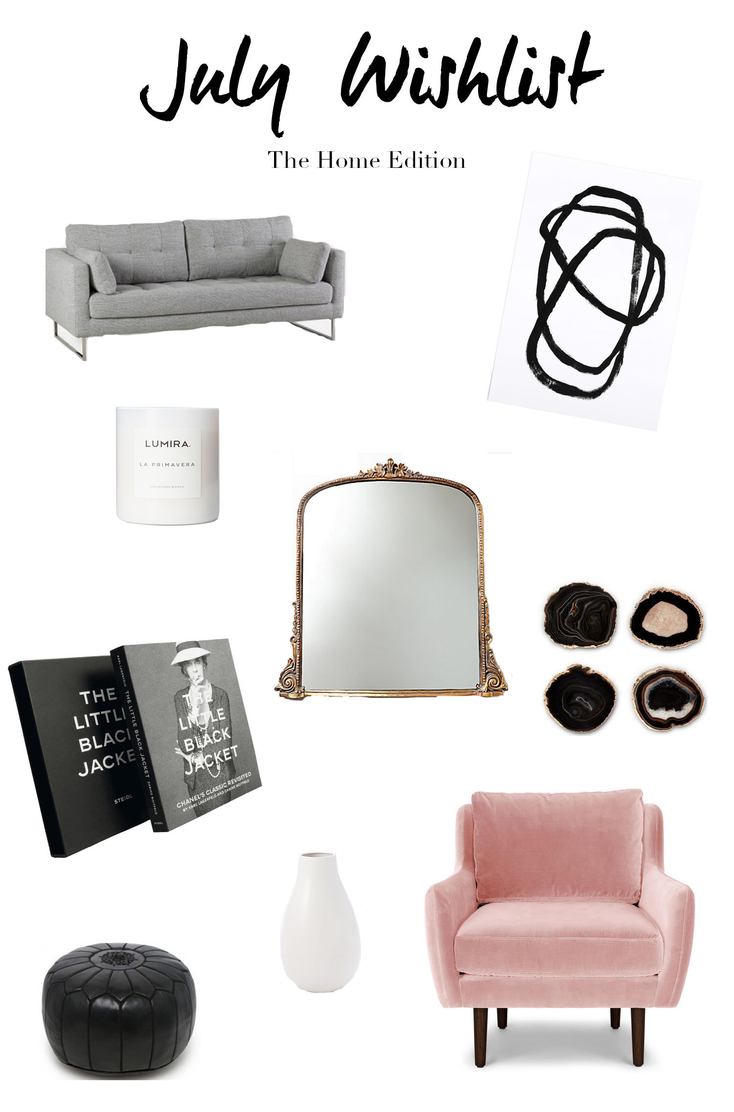 A July 2017 home decor shopping list including furniture from Article, Structure and Anthropologie, assembled by fashion blogger Cee Fardoe of Coco & Vera