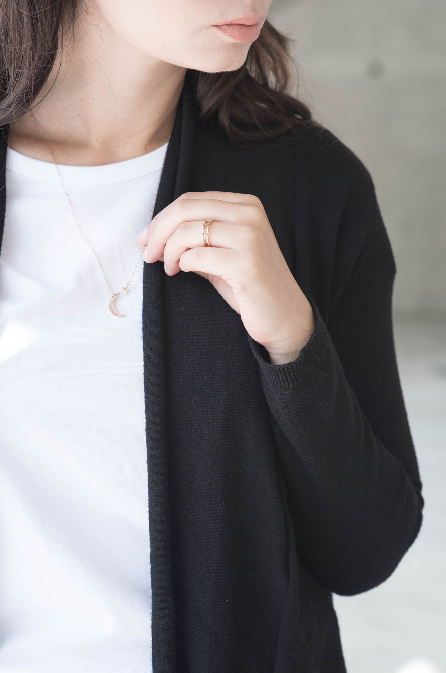 Outfit details on fashion blogger Cee Fardoe of Coco & Vera, including a Happiness Boutique rose gold ring and Happiness Boutique moon necklace