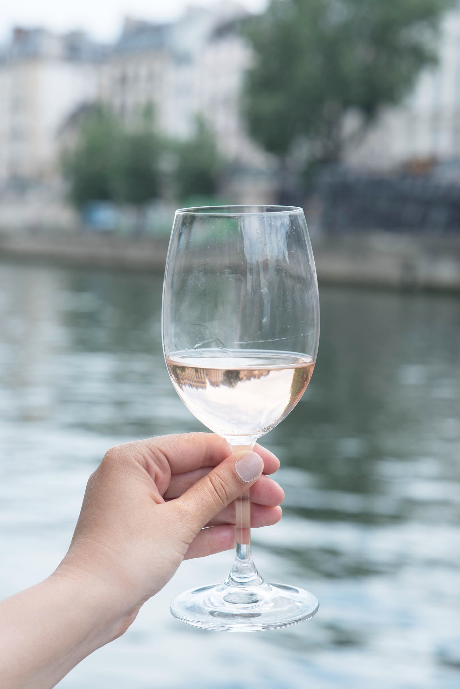 Paris' left bank reflected in a glass of rose wine held by fashion blogger Cee Fardoe of Coco & Vera