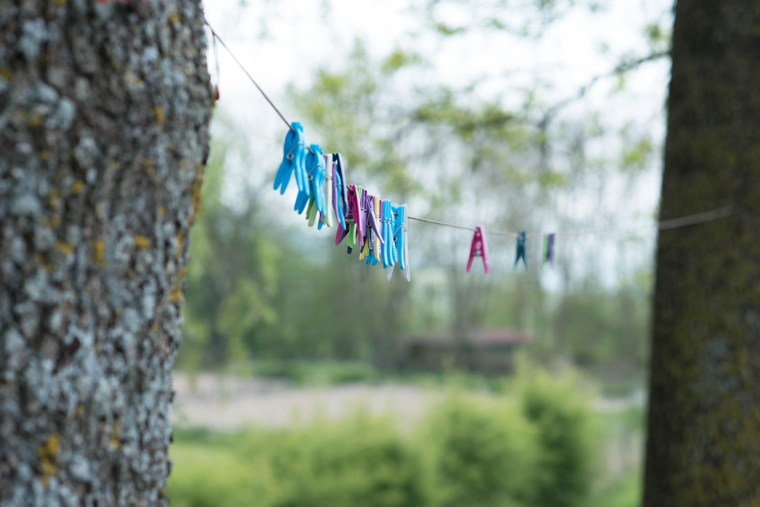 Colourful clothes pegs hang on a line in between two trees in the Burgundy region of France, as captured by top travel blogger Cee Fardoe of Coco & Vera