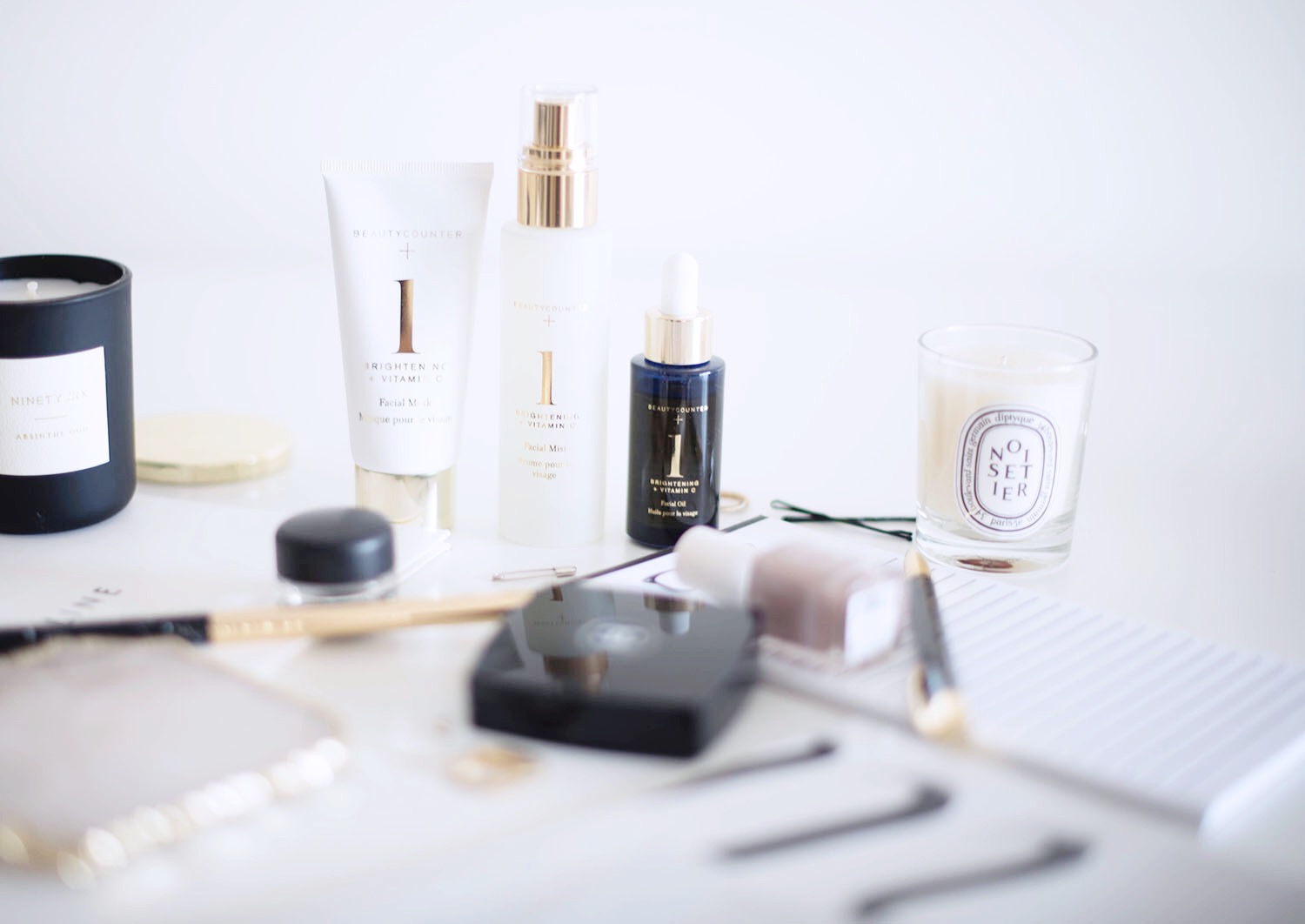 A line-up of cosmetics captured by Winnipeg beauty blogger Cee Fardoe of Coco & Vera, including the Beautycounter brightening spa set