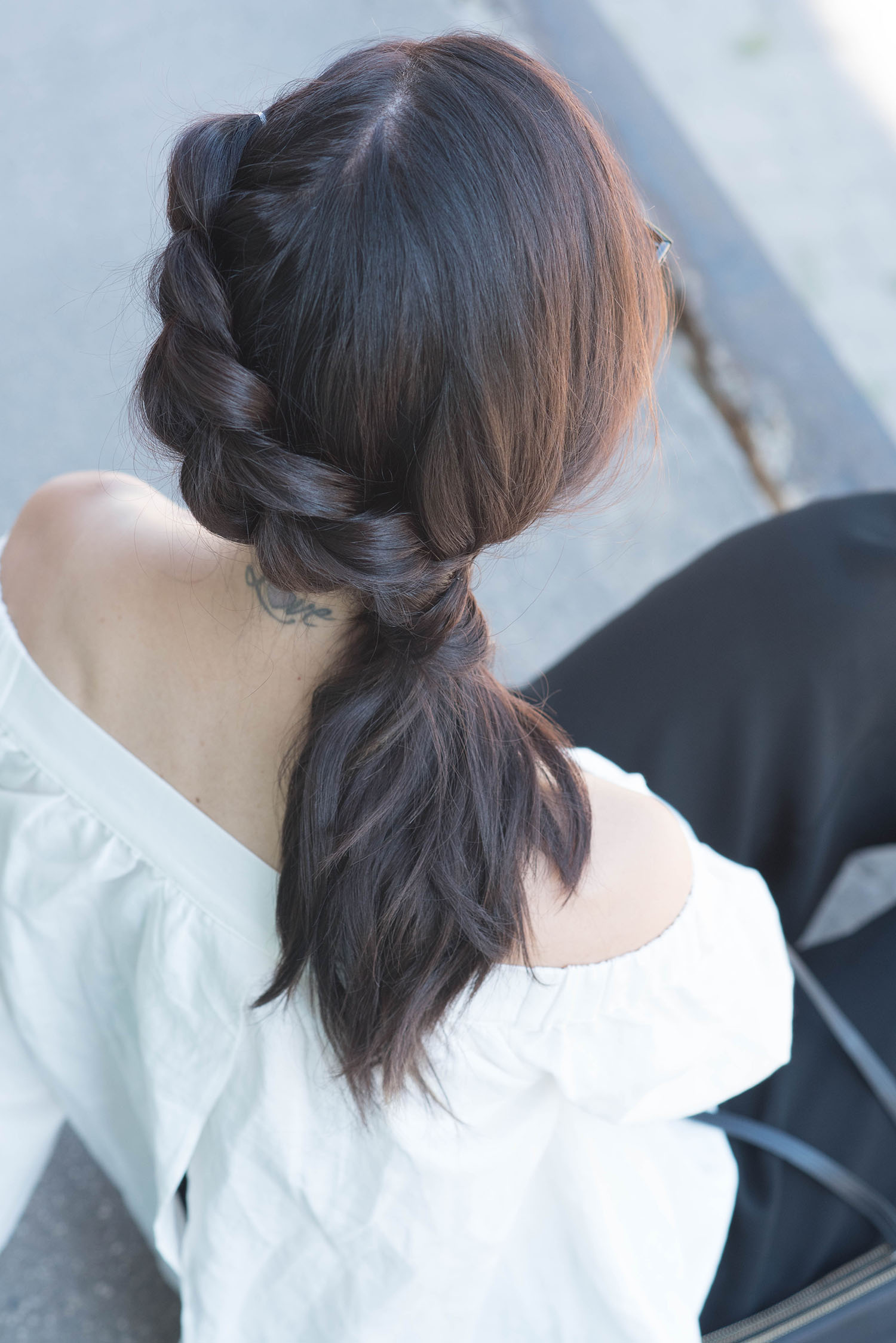 Details of a braided ponytail by Fran Rizzutto on top fashion blogger Cee Fardoe of Coco & Vera