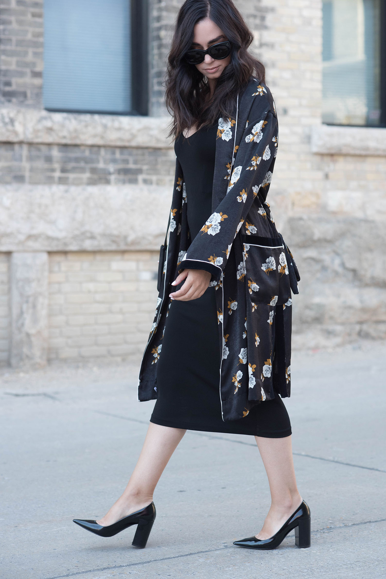 Top fashion blogger Cee Fardoe of Coco & Vera wears a Zara combined kimono and & Other Stories slip dress, with her hair styled by Fran Rizzutto