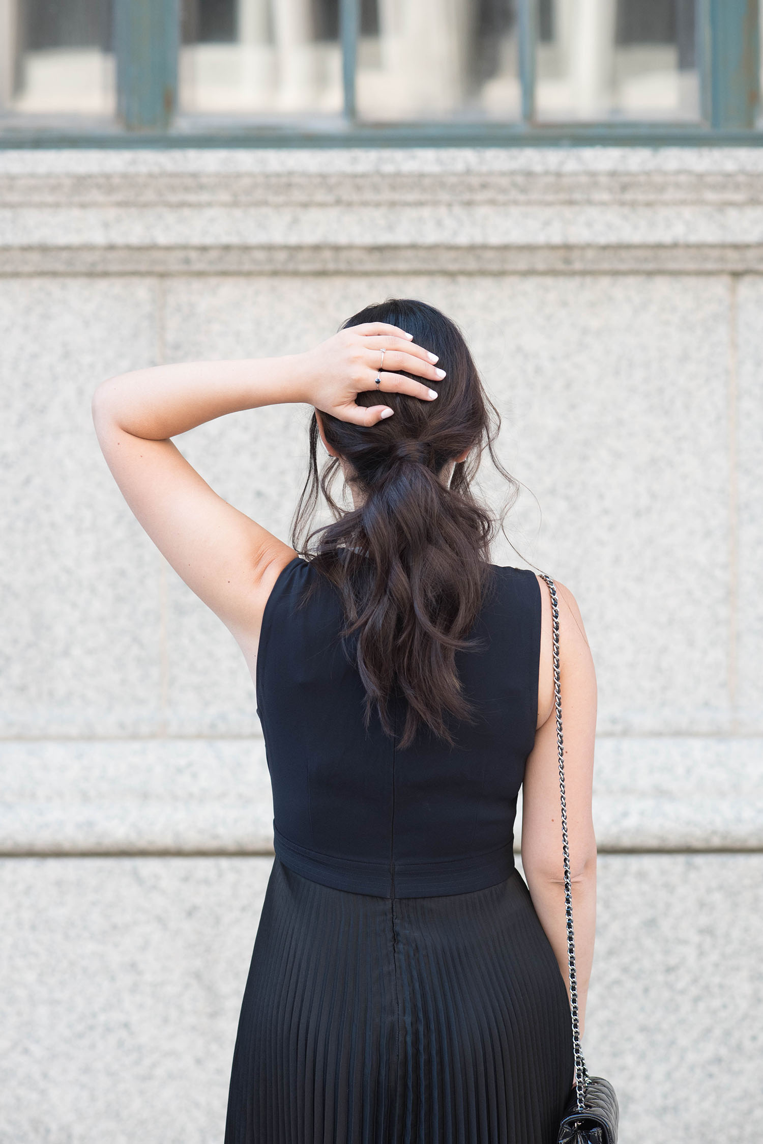 Close-up of a night out ponytail on fashion blogger Cee Fardoe of Coco & Vera, styled by Fran Rizzutto
