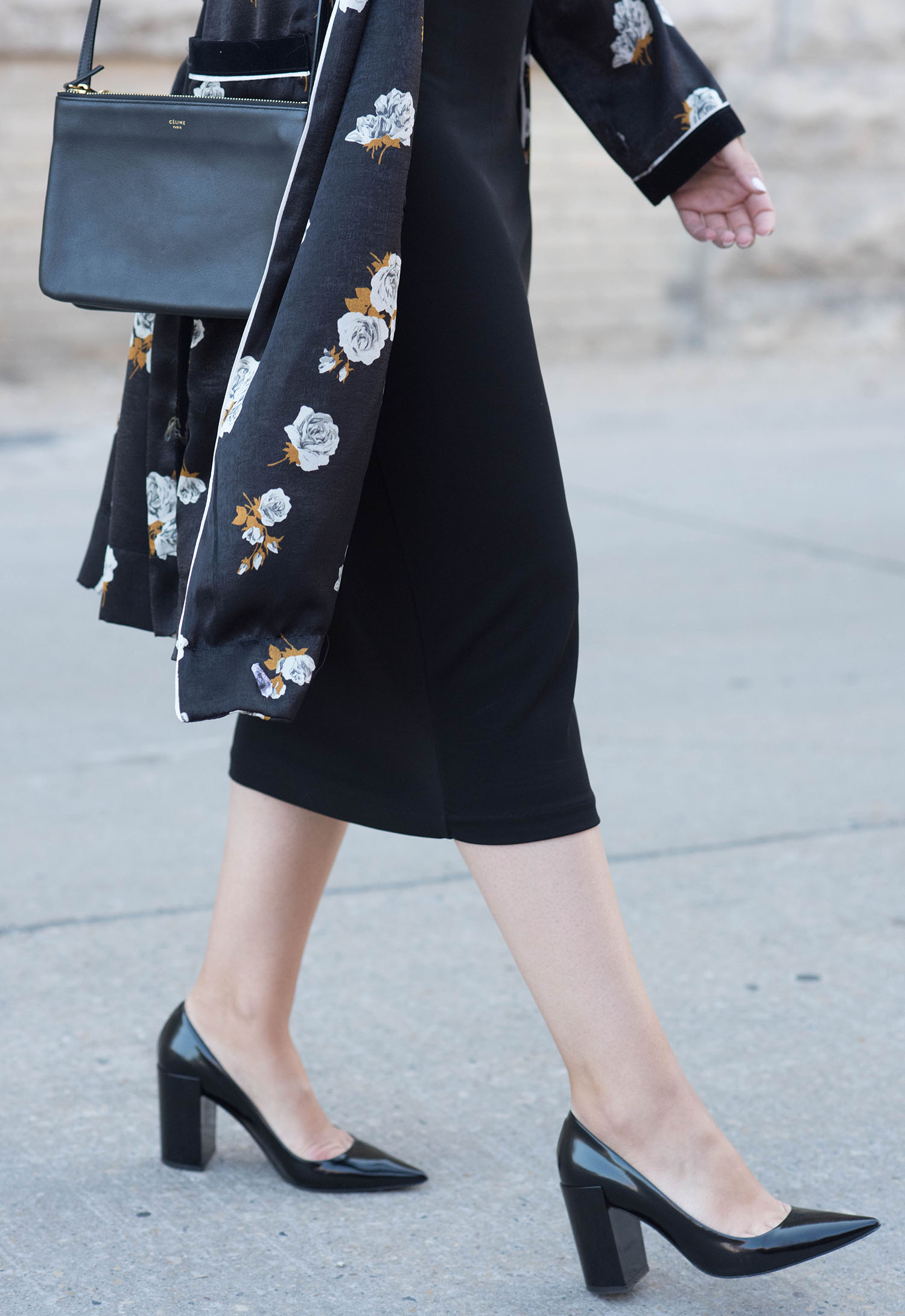 Outfit details on Winnipeg fashion blogger Cee Fardoe of Coco & Vera, wearing a Celine trio bag, Zara combined kimono and Pierre Hardy block heels