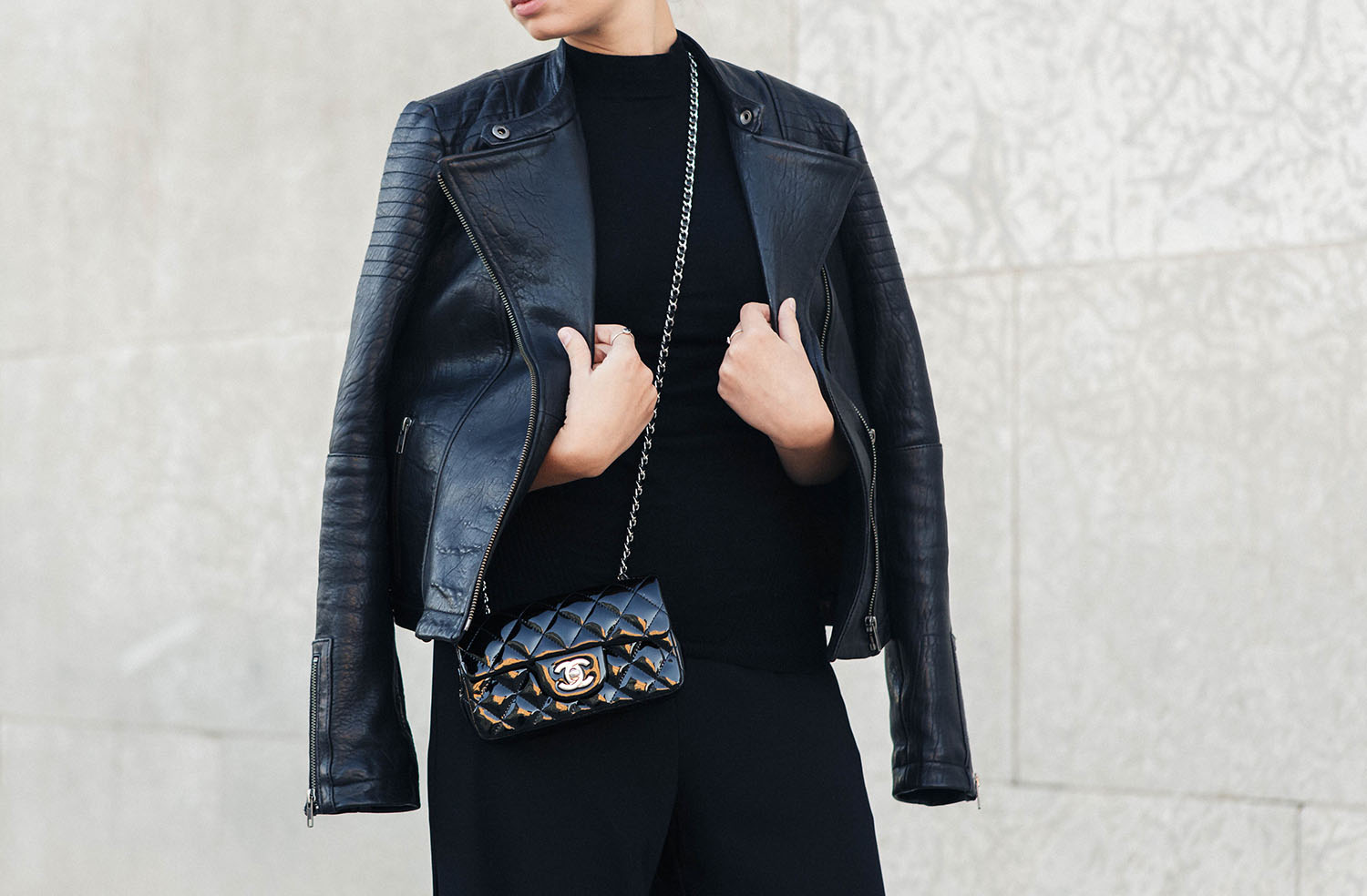 Outfit details on Canadian fashion blogger Cee Fardoe of Coco & Vera, captured by Christa Wong Photography, including a Cupcakes and Cashmere leather jacket and Chanel black patent handbag