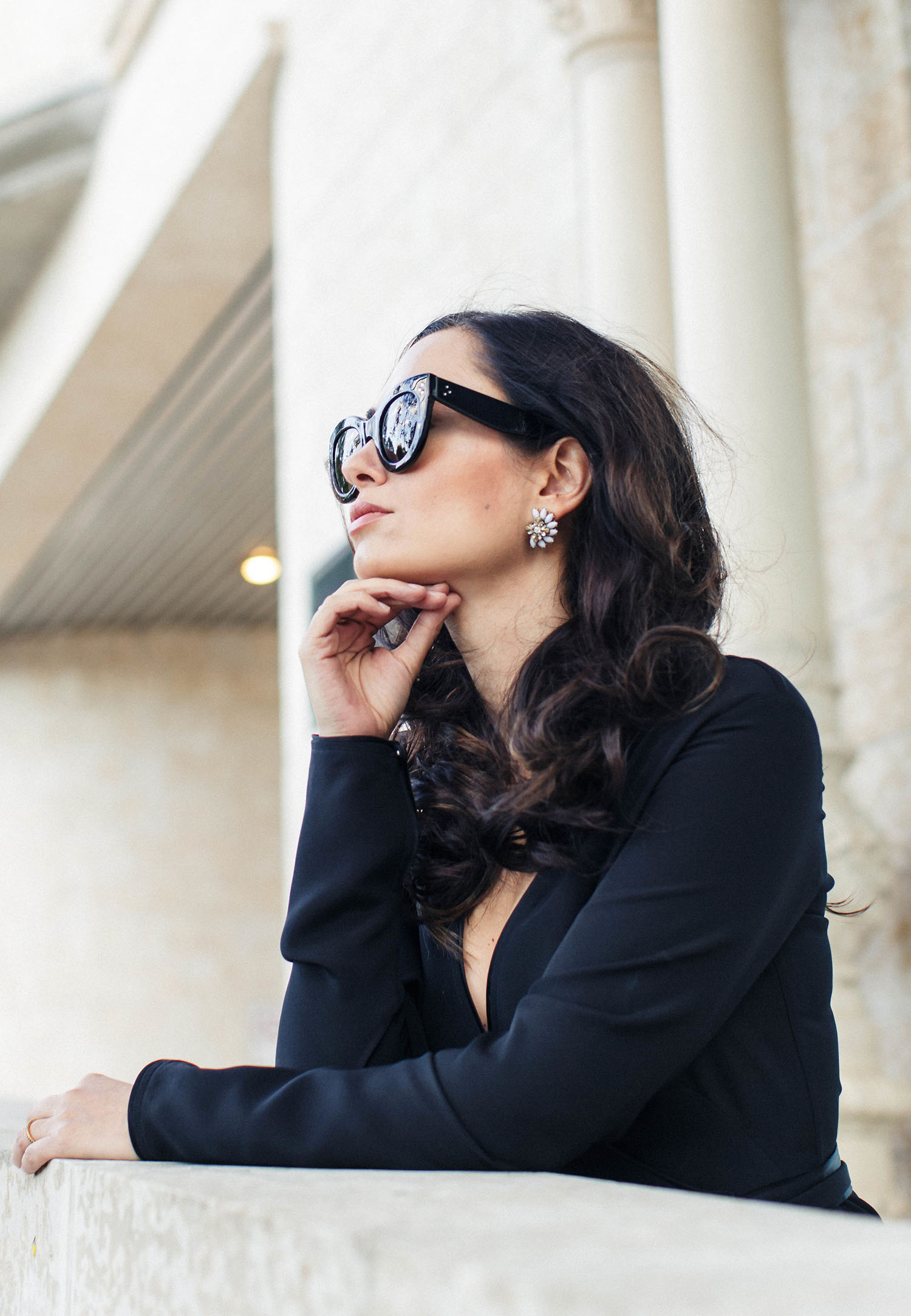 Portrait of fashion blogger Cee Fardoe of Coco & Vera, wearing Oliver + Piper marble statement earrings and Celine sunglasses, captured by Christa Wong Photography