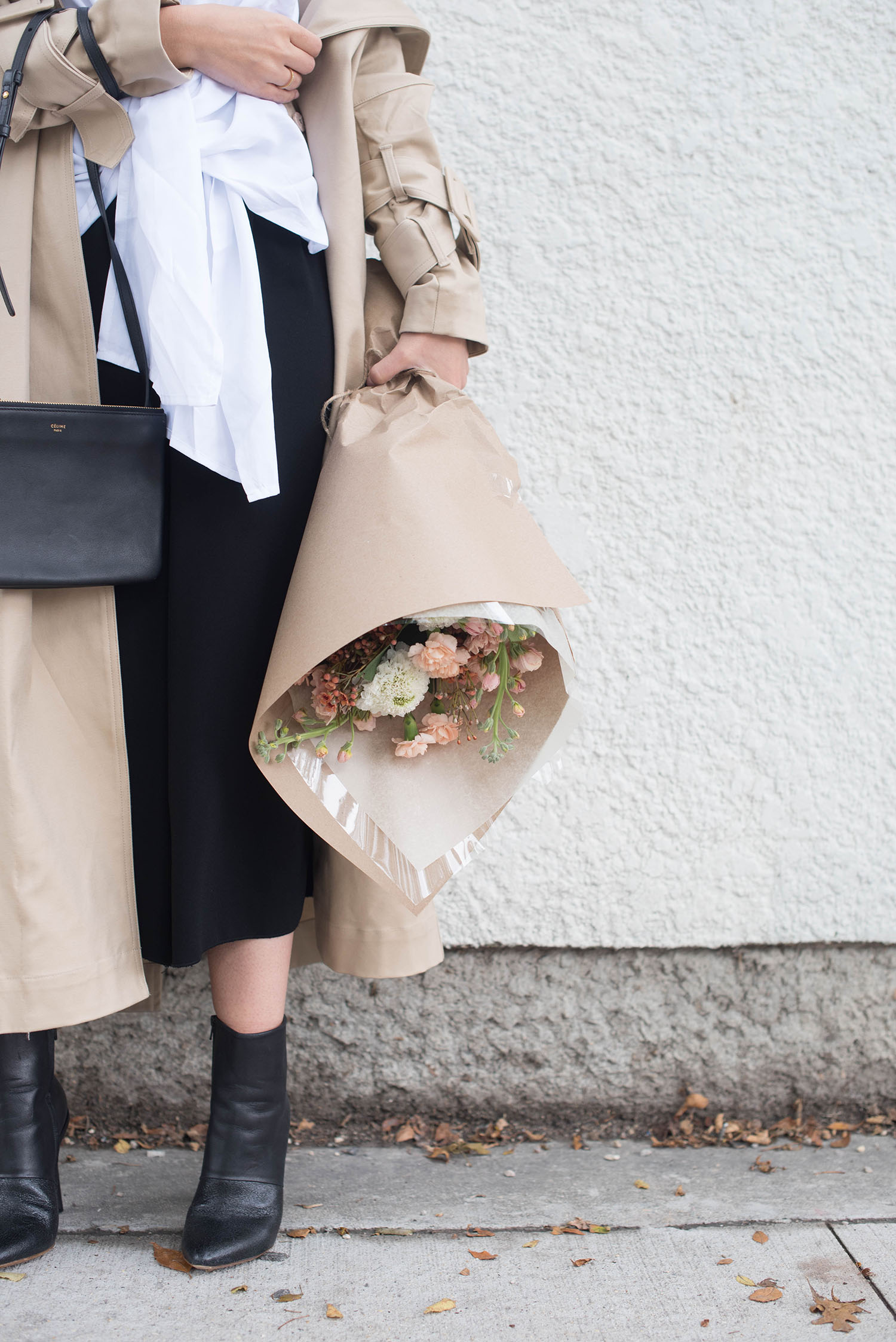 Outfit details on fashion blogger Cee Fardoe of Coco & Vera, including Aritzia culottes, Maison Martin Margiela ankle boots and a bouquet from Academy Florist