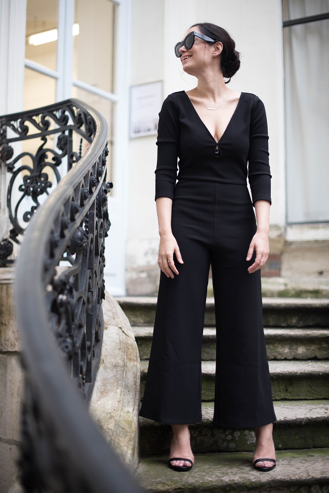 Fashion blogger Cee Fardoe of Coco & Vera wears an LPA jumpsuit at Galerie Perrotin in Paris