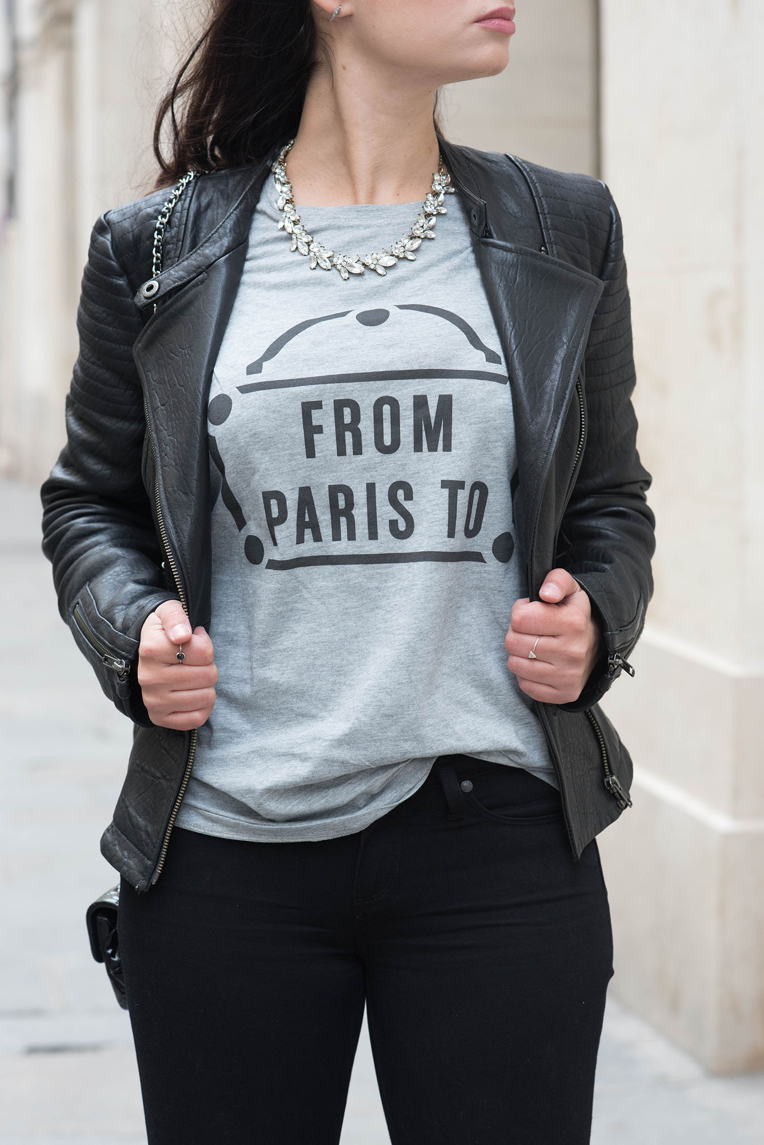 Outfit details on fashion blogger Cee Fardoe of Coco & Vera, including a Floriane Fosso From Paris To t-shirt and Olive + Piper Lucy crystal collar