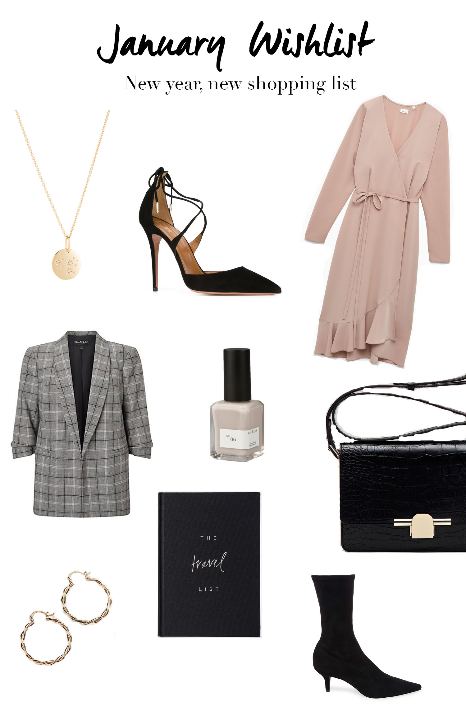 A January 2018 shopping list assembled by fashion blogger Cee Fardoe of Coco & Vera, including an Aritzia Josie dress, Miss Selfridge blazer and Massimo Dutti leather crossbody bag