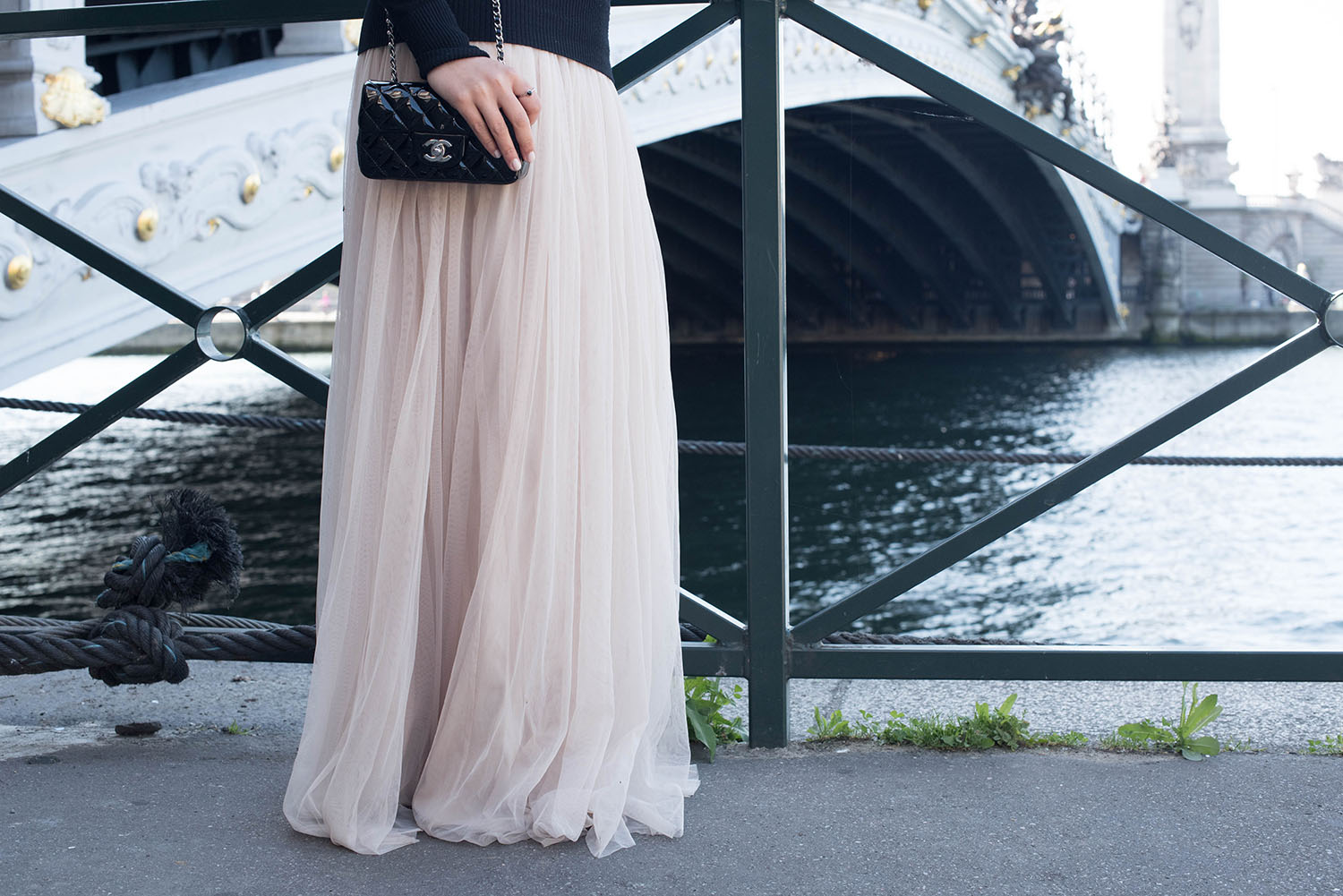 Outfit details on Canadian fashion blogger Cee Fardoe of Coco & Vera, including a Chanel black patent handbag and Needle & Thread dress