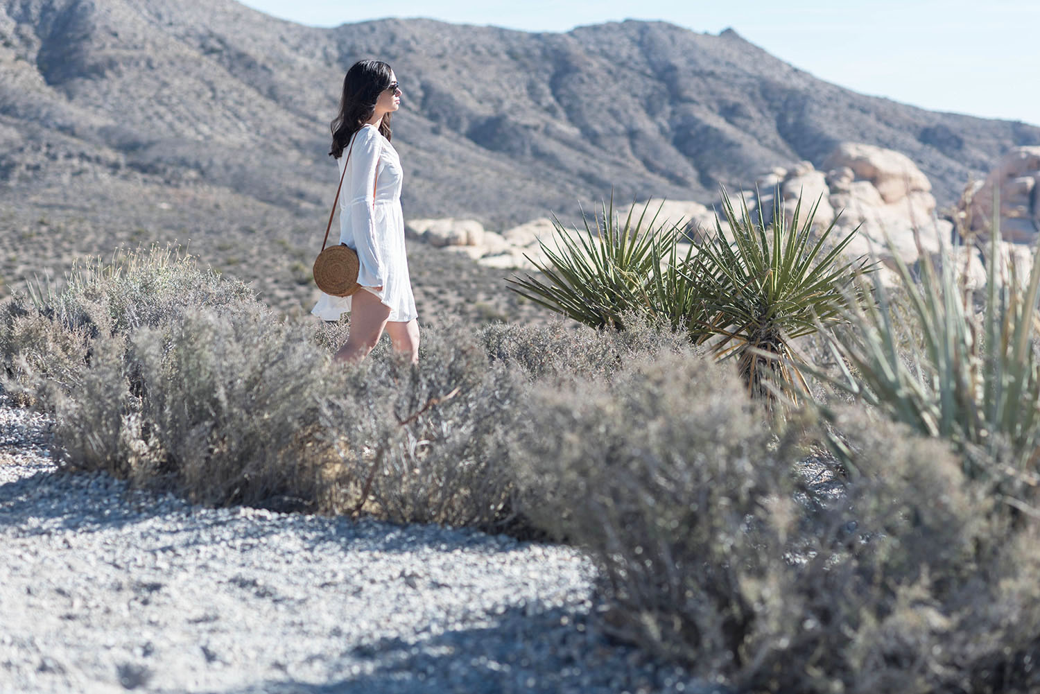 Winnipeg fashion blogger Cee Fardoe of Coco & Vera walks at Red Rock Canyon in Nevada wearing a Tobi dress and carrying a rattan bag