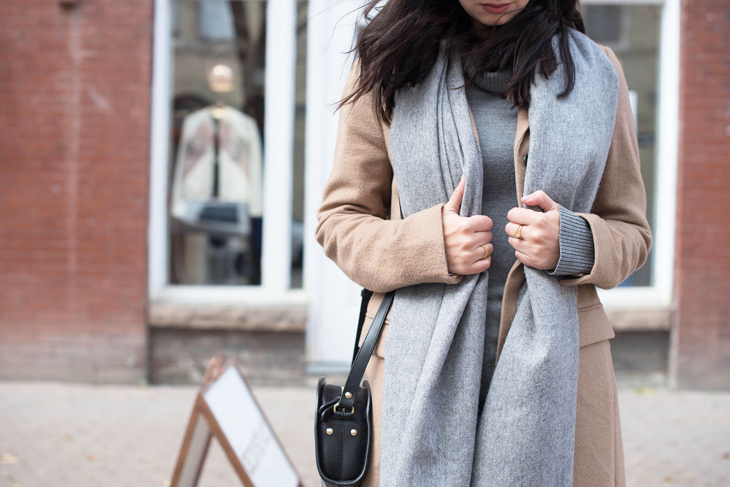 Outfit details on Canadian fashion blogger Cee Fardoe of Coco & Vera, including an ASOS grey wool scarf and APC half moon bag