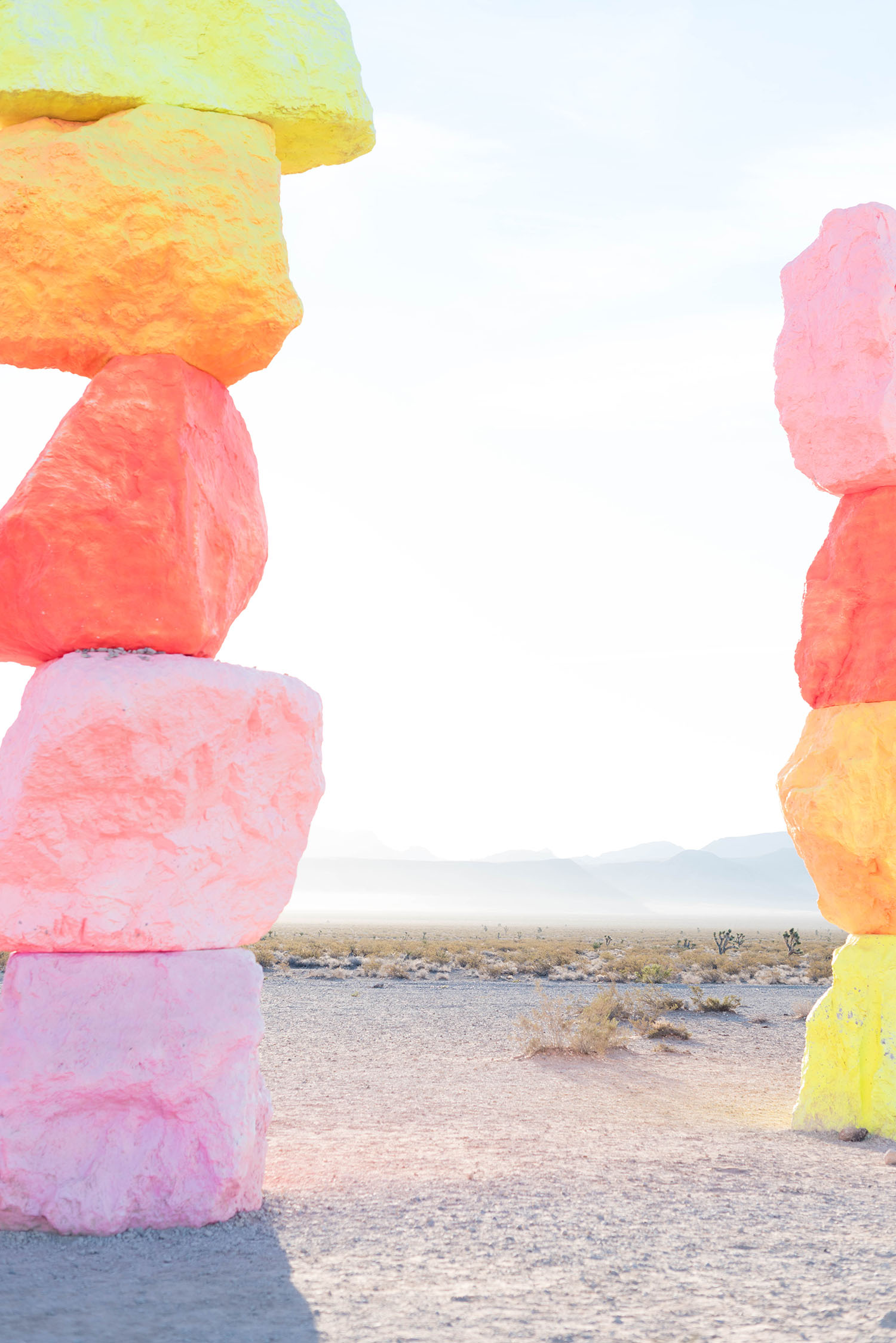 Two pink and orange columns at Seven Magic Mountains, photographed by travel blogger Cee Fardoe of Coco & Vera