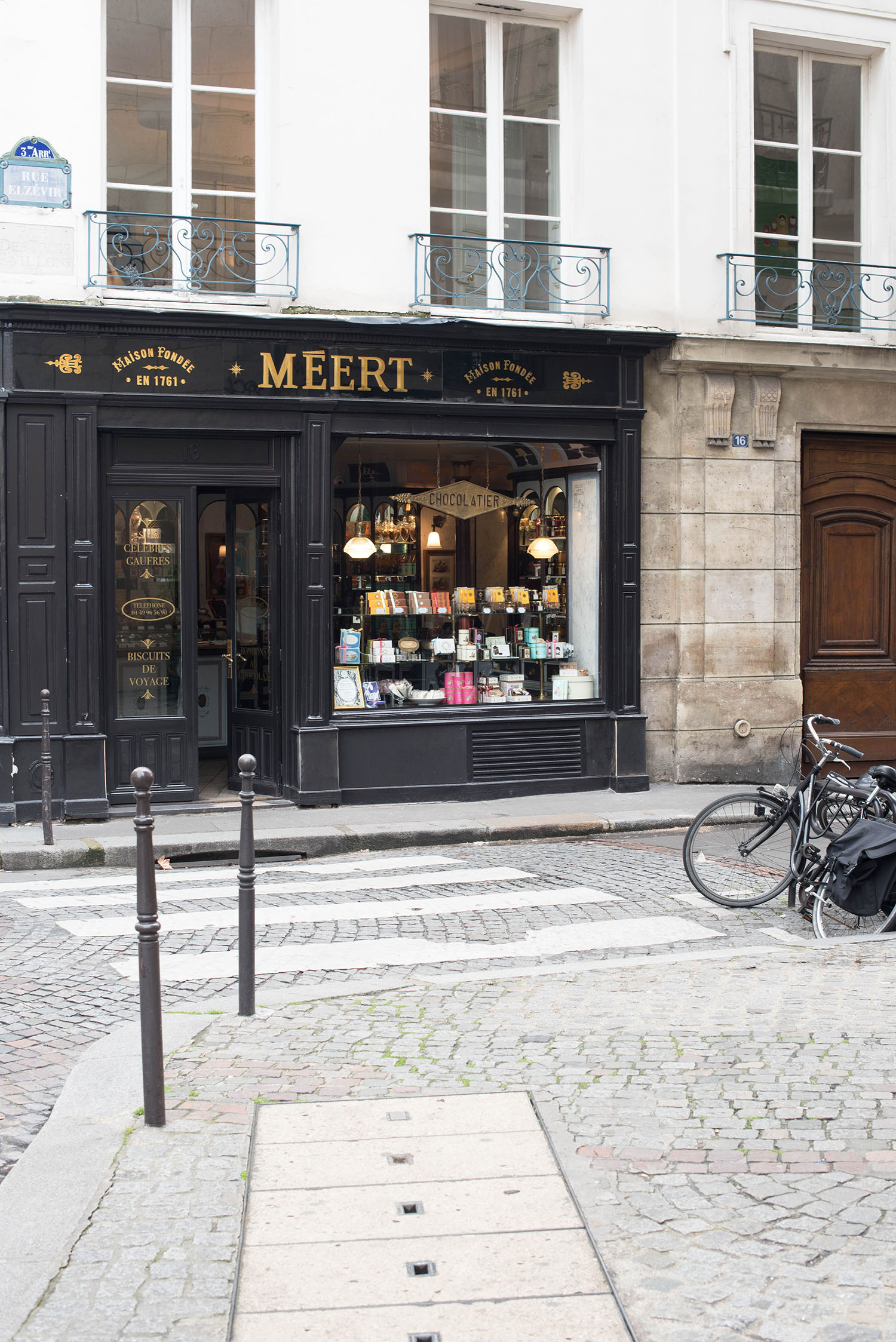 The black facade of Meert in le Marais in Paris, captured by Winnipeg travel blogger Cee Fardoe of Coco & Vera