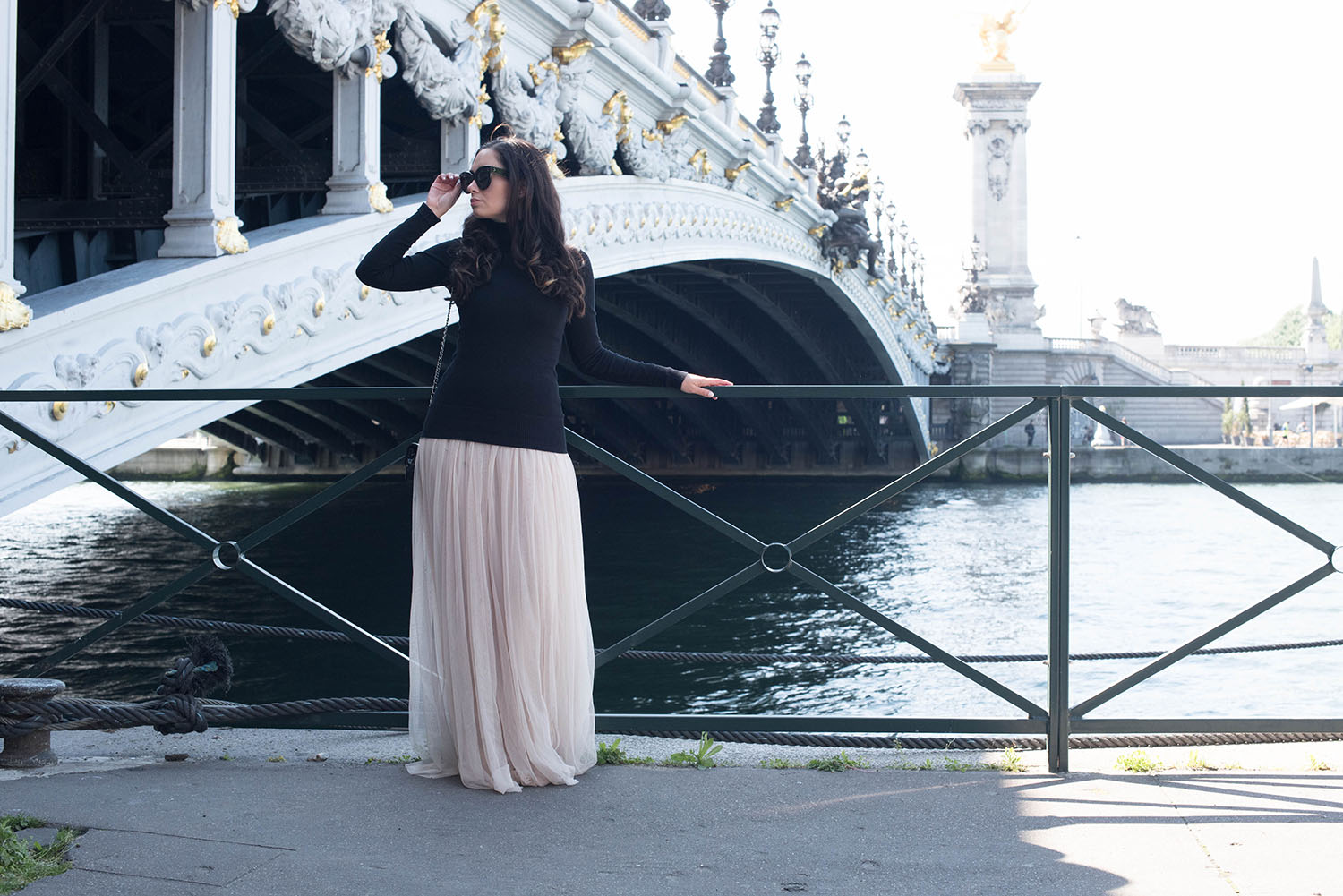 Fashion blogger Cee Fardoe of Coco & Vera at Pont Alexandre II in Paris wearing and Needle and Thread dress and Le Chateau turtleneck