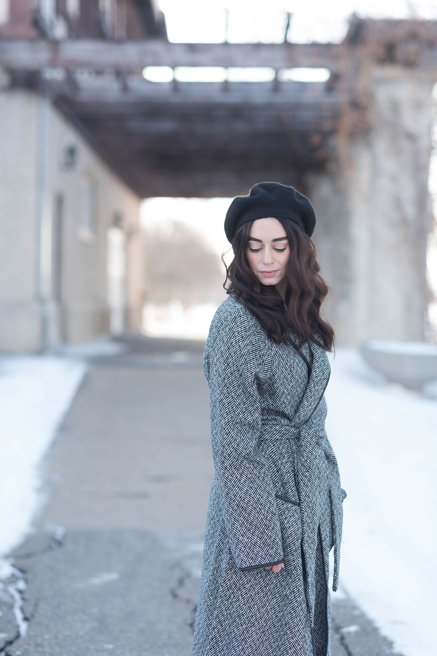 Portrait of Canadian fashion blogger Cee Fardoe of Coco & Vera, wearing an Anthropologie Bonnie beret and Lovers + Friends Monica coat