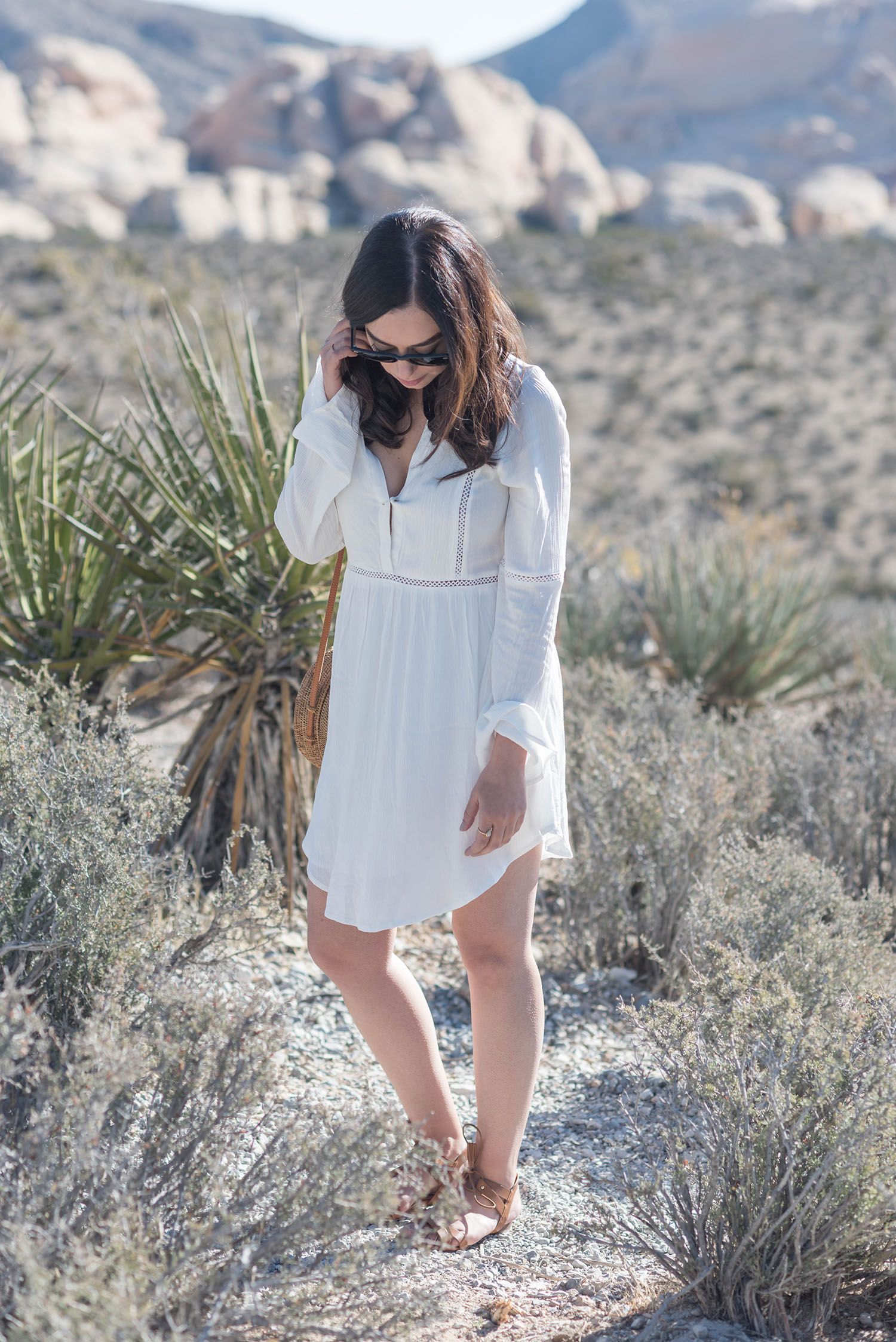 Fashion blogger Cee Fardoe of Coco & Vera at Red Rock Canyon in Nevada wearing a Tobi dress and Sezane sandals