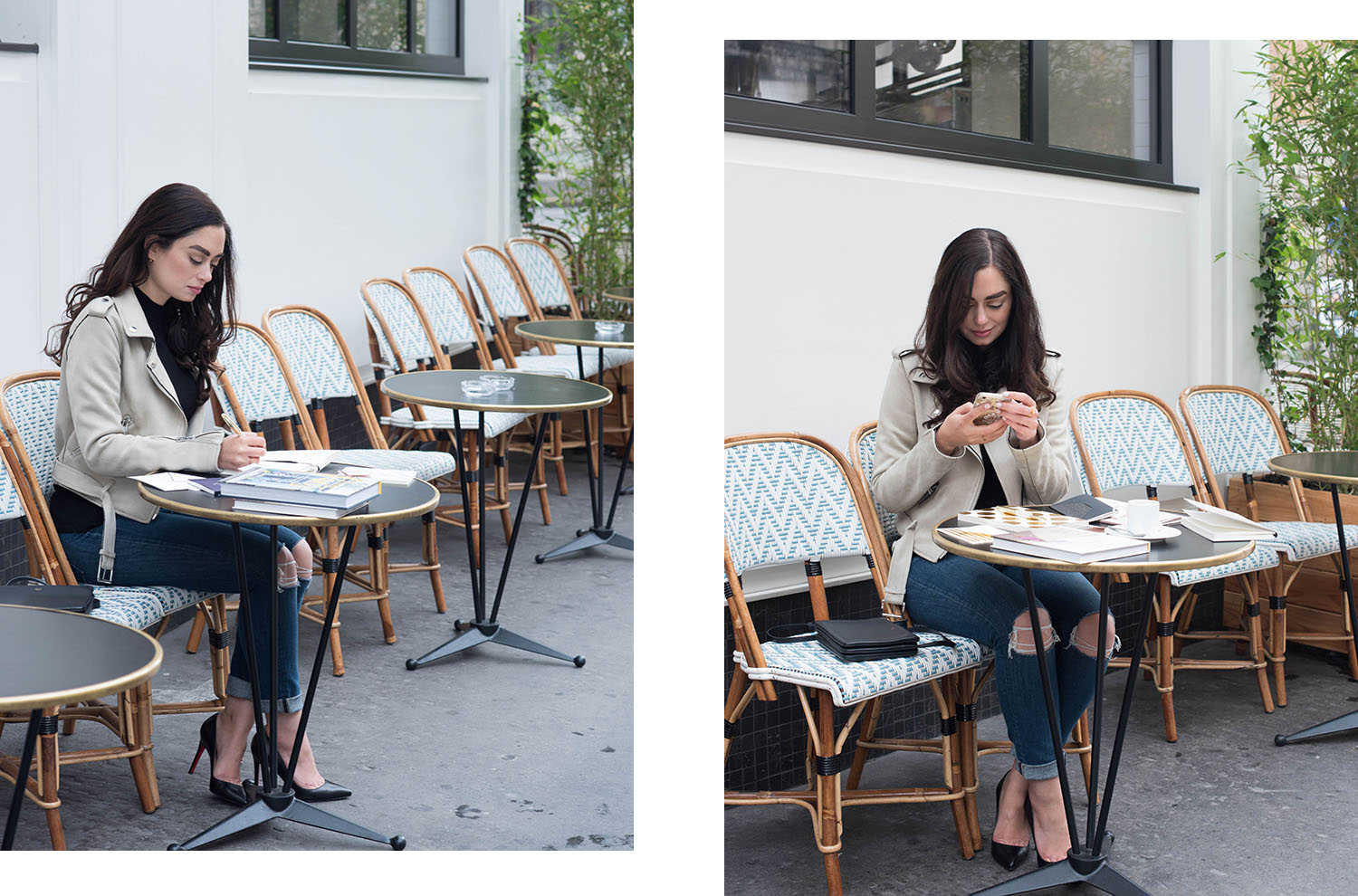 Fashion blogger Cee Fardoe of Coco & Vera works on the terrace at Cafe Maison Marie in Paris, wearing a Zara suede jacket and Christian Louboutin Pigalle pumps