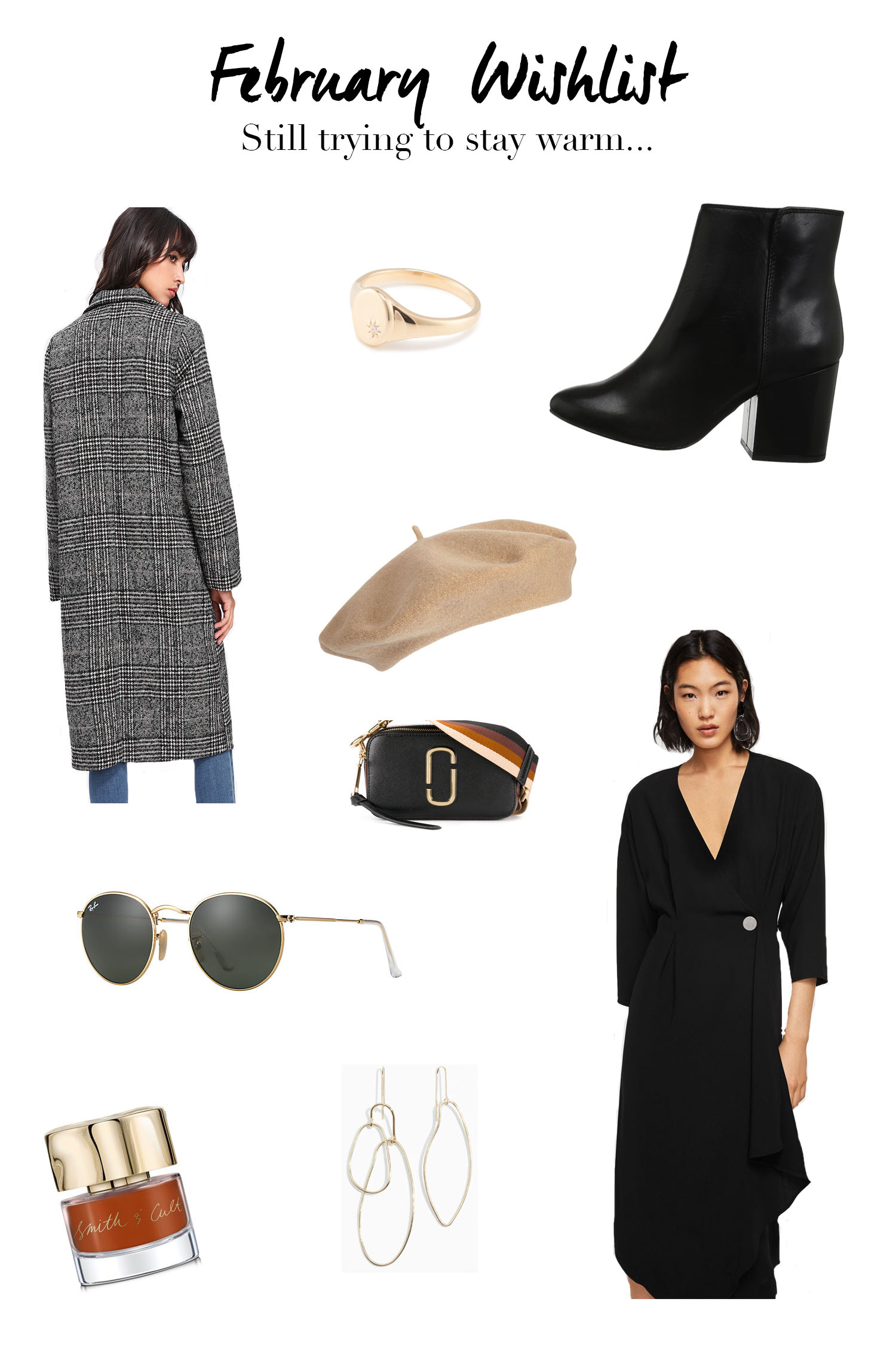 A February shopping list compiled by fashion blogger Cee Fardoe of Coco & Vera, featuring a Marc Jacobs snapshot bag, Aldo Masen boots and a Mejuri signet ring