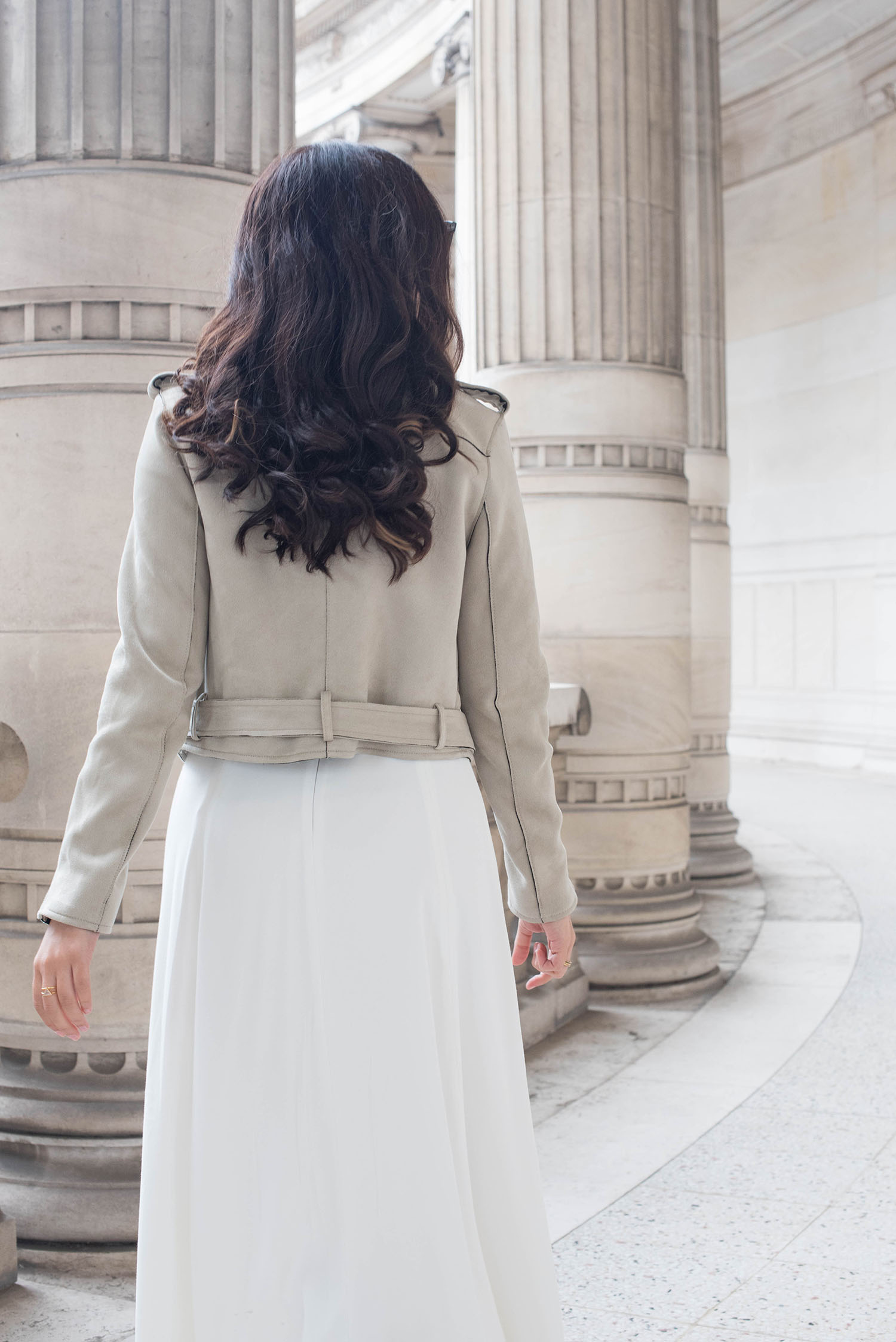 Outfit details on Canadian fashion blogger Cee Fardoe of Coco & Vera at the Palais Galliera in Paris, featuring a white Ivy & Oak dress and Zara beige jacket