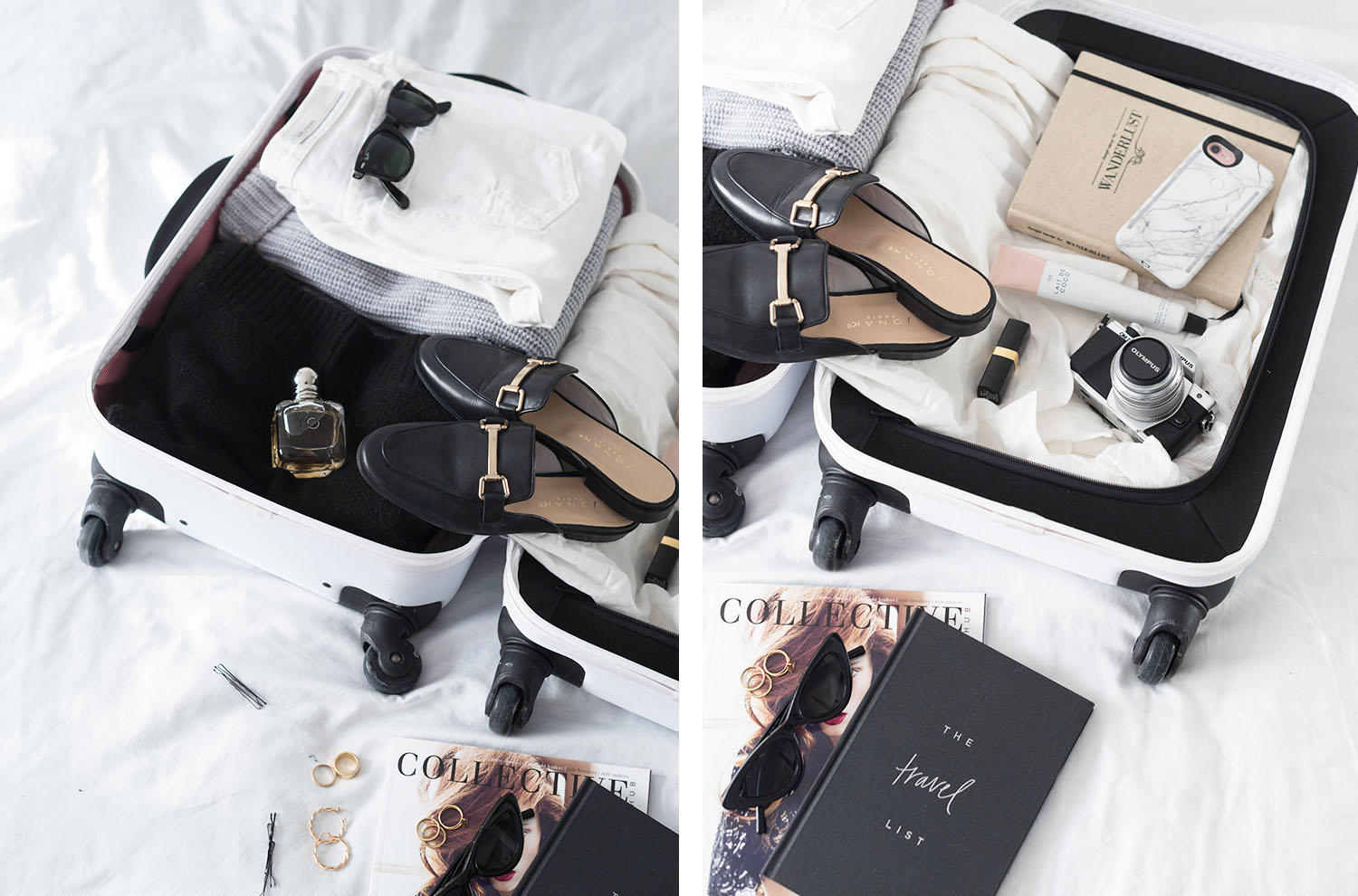 A selection of items for a trip to Washington, DC, including Armani perfume, Chanel lipstick and Grlfrnd white jeans, packed by Cee Fardoe, the travel blogger behind Coco & Vera