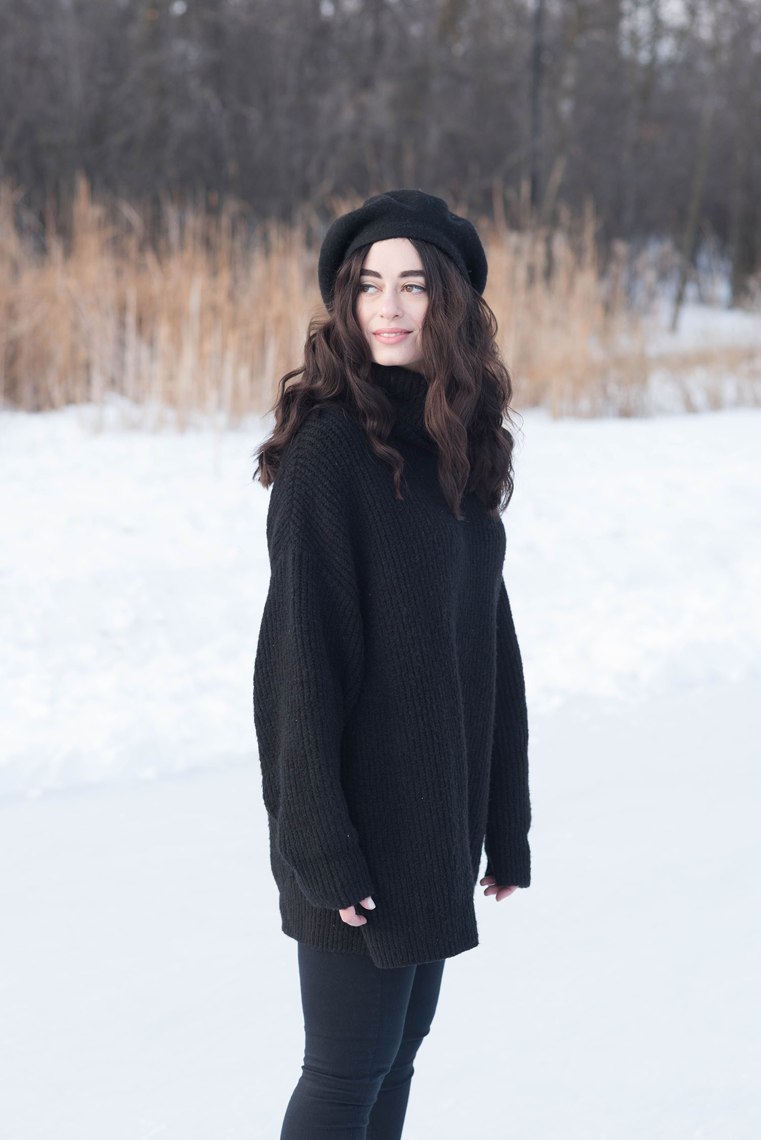 Portrait of Winnipeg fashion blogger Cee Fardoe of Coco & Vera at Assiniboine park wearing an Anthropologie Bonnie beret and black Zara sweater