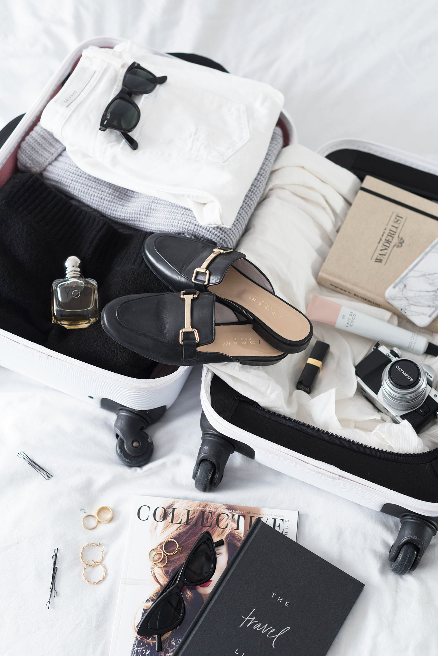 Fashion blogger Cee Fardoe of Coco & Vera reveals her open Herschel carry-on suitcase, which old Jonak mules, an Olympus camera and more