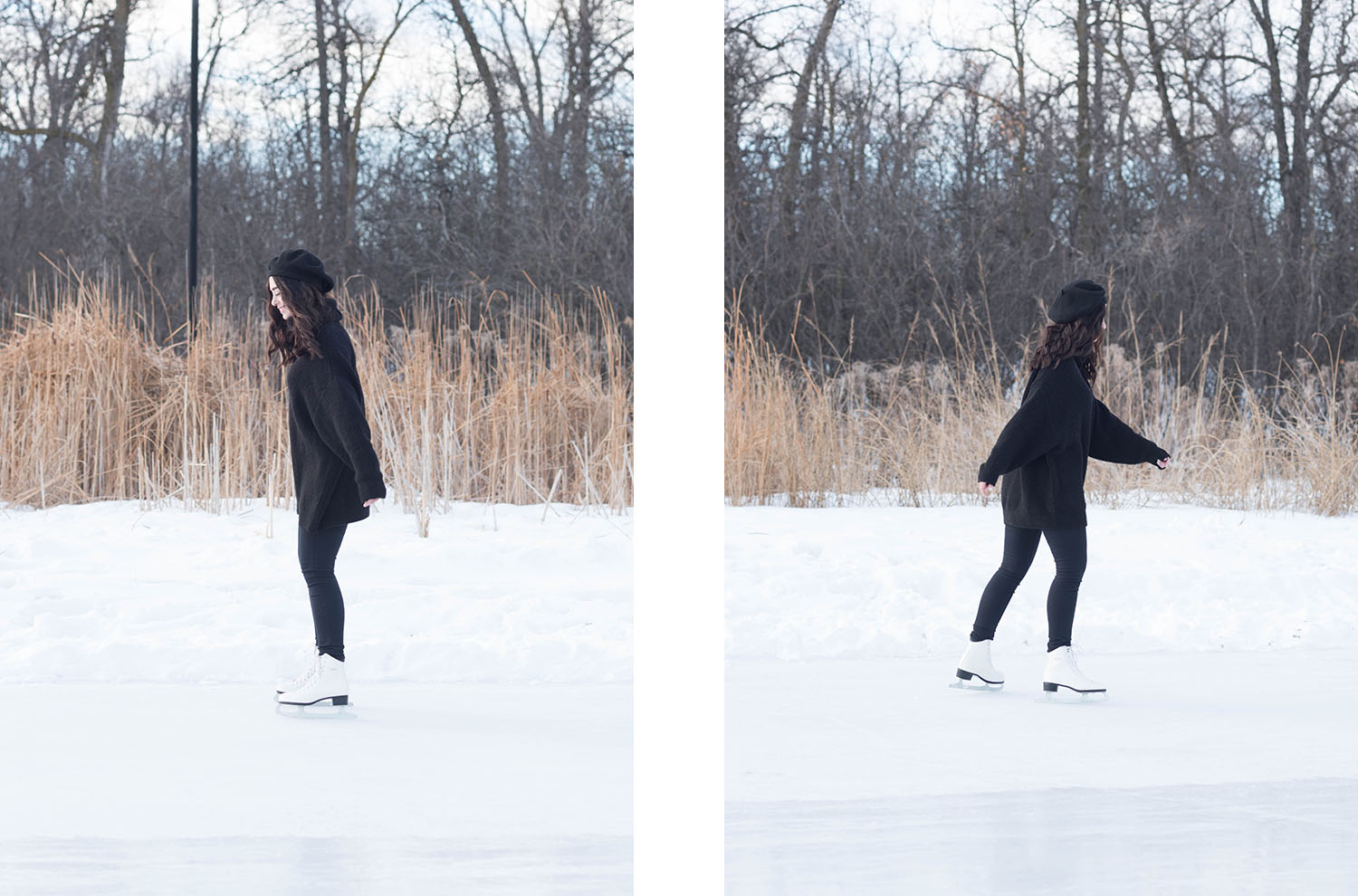 Winnipeg fashion blogger Cee Fardoe of Coco & Vera skates at Assiniboine Park wearing an Anthropologie beret and black Mavi jeans