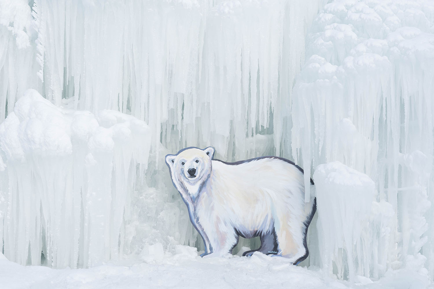 A painted polar bear by artist Kal Barteski at Ice Castles at The Forks in Winnipeg, as captured by Winnipeg travel blog Cee Fardoe of Coco & Vera