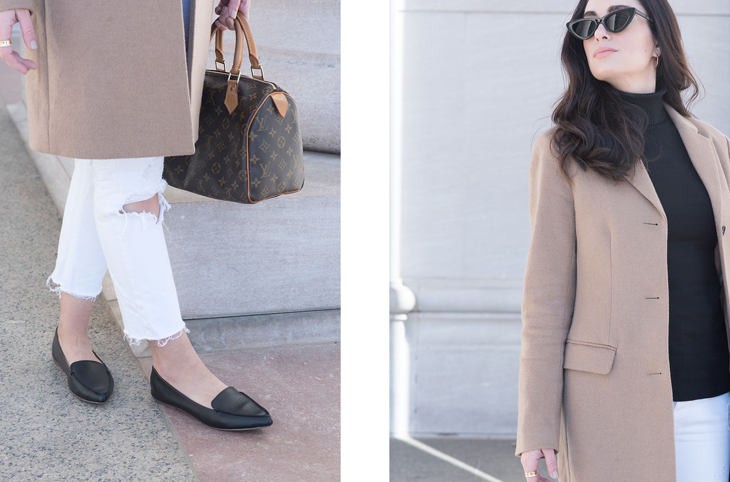 Outfit details on fashion blogger Cee Fardoe of Coco & Vera, including J. Crew leather moccasins and a Uniqlo camel coat