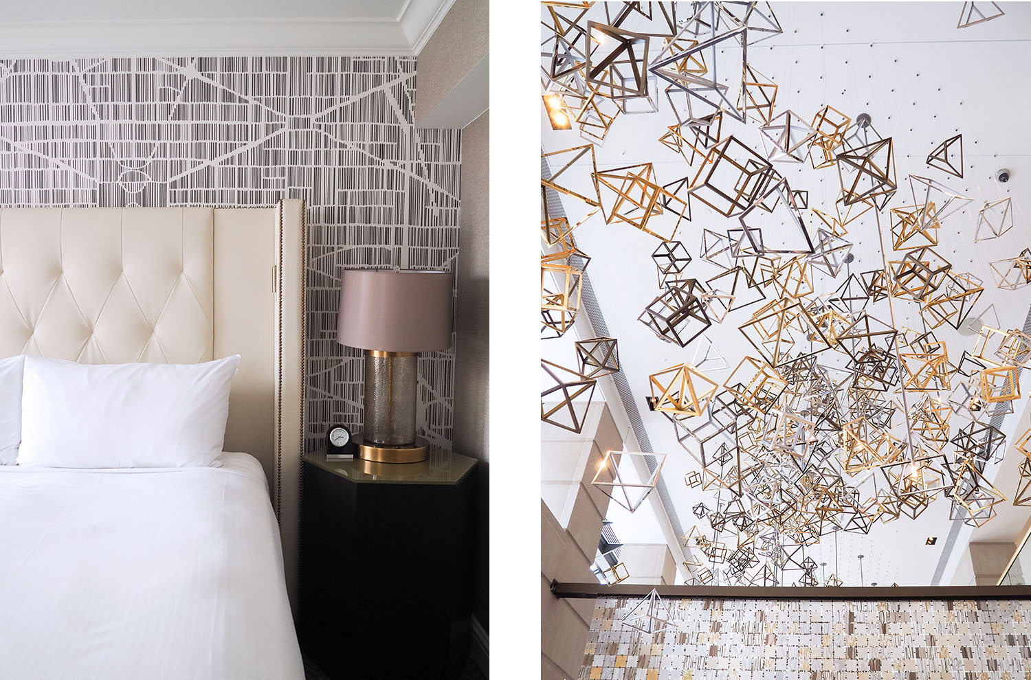 A tufted bed and golden charms hanging from the ceiling at the Fairmont Washington DC - Georgetown, as captured by Winnipeg travel blogger Cee Fardoe of Coco & Vera
