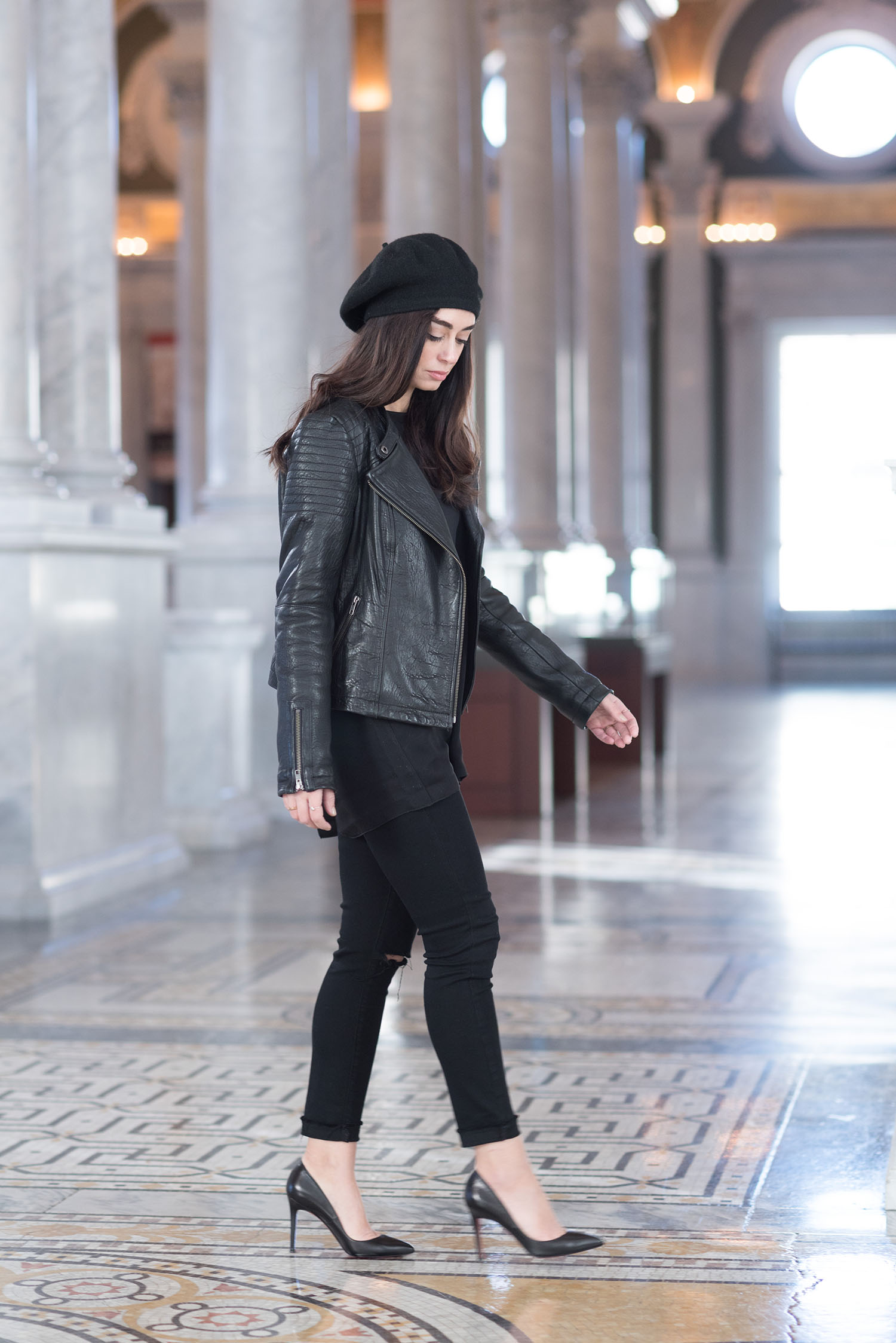 Winnipeg fashion blogger Cee Fardoe of Coco & Vera at the Library of Congress in Washington DC, wearing Paige jeans and Christian Louboutin Pigalle pumps