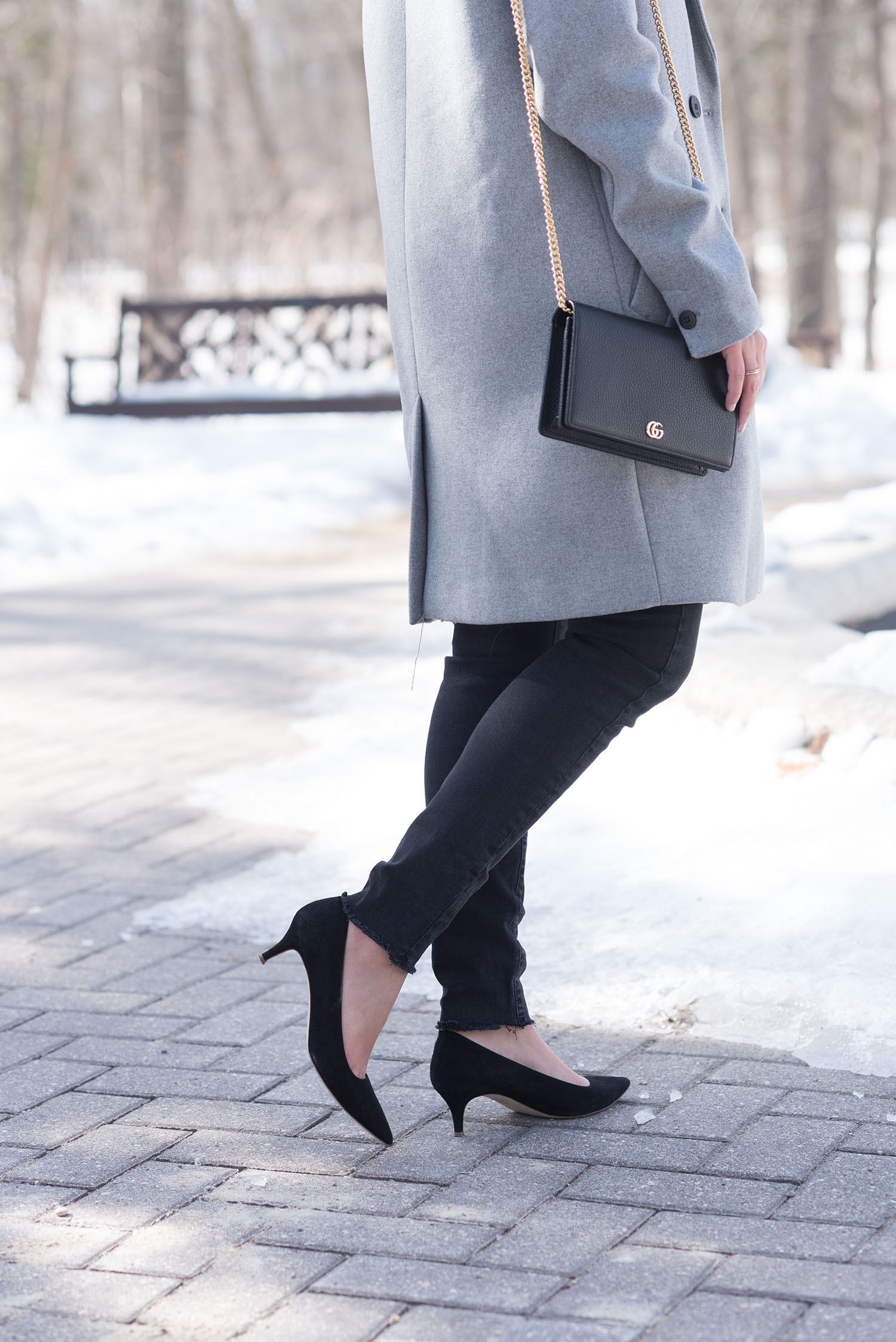 Outfit details on Canadian fashion blogger Cee Fardoe of Coco & Vera, featuring a Gucci crossbody bag and J. Crew kitten heel pumps