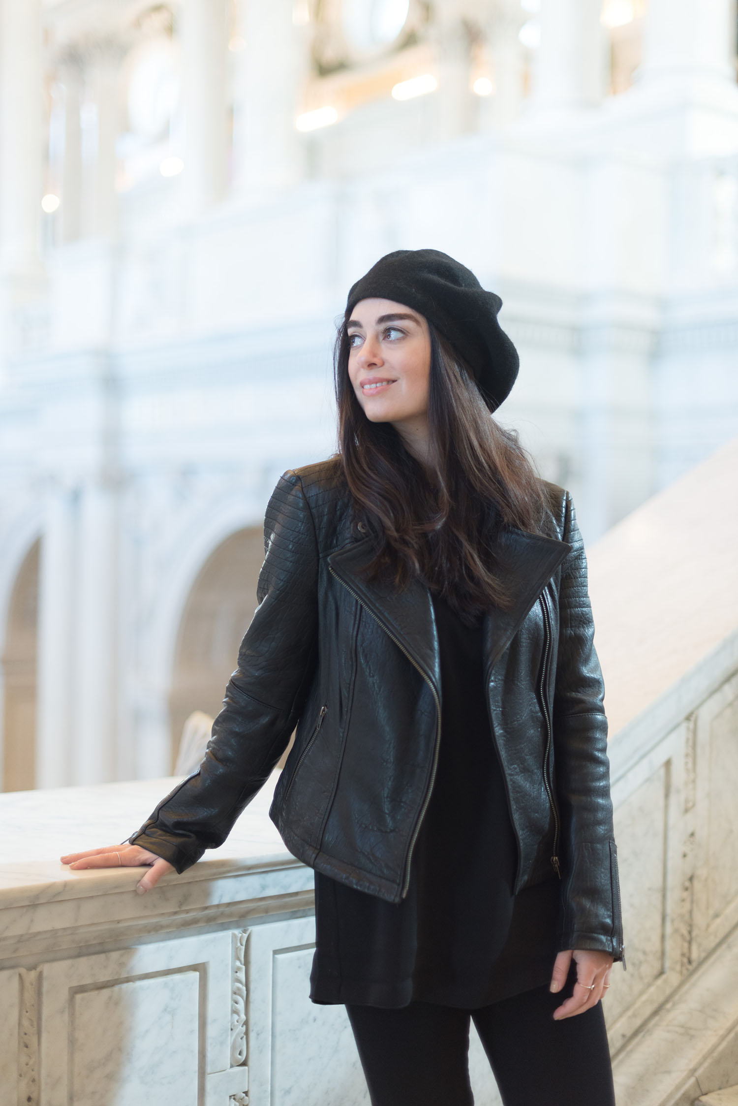 Portrait of Winnipeg fashion blogger Cee Fardoe of Coco & Vera at the Library of Congress, wearing a Cupcakes and Cashmere black leather jacket