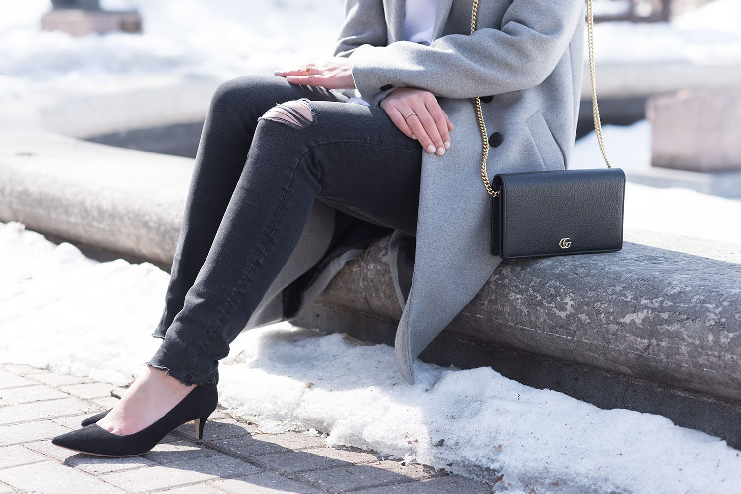 Outfit details on Winnipeg fashion blogger Cee Fardoe of Coco & Vera, including Mavi skinny jeans and Gucci black leather bag