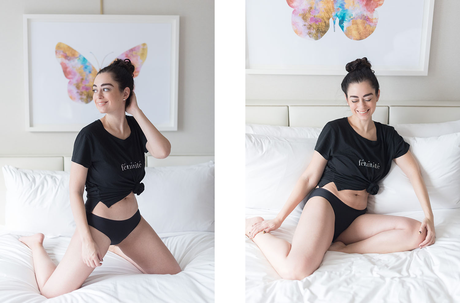 Canadian fashion blogger Cee Fardoe of Coco & Vera wears a Club Monaco tee and Chantelle underwear at the JW Marriott Parq Vancouver hotel