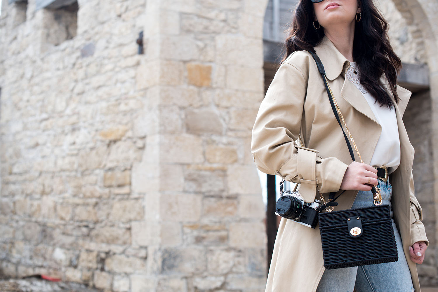 Outfit details on Canadian fashion blogger Cee Fardoe of Coco & Vera, including a Zara black straw bag and H&M trench coat