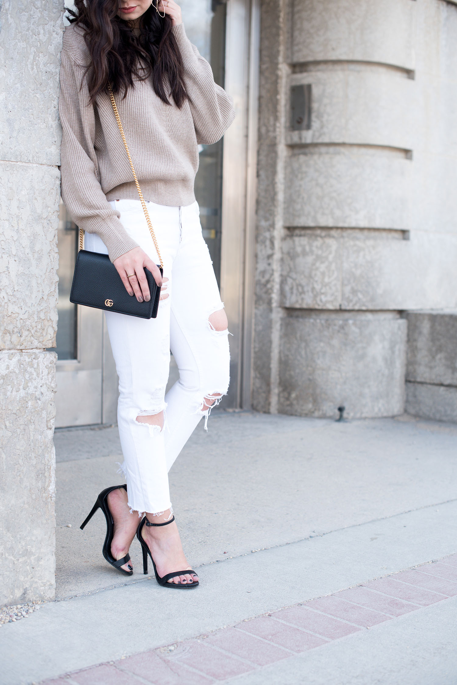 Outfit details on top Winnipeg fashion blogger Cee Fardoe of Coco & Vera, including Steve Madden Stecy sandals and a black leather Gucci handbag