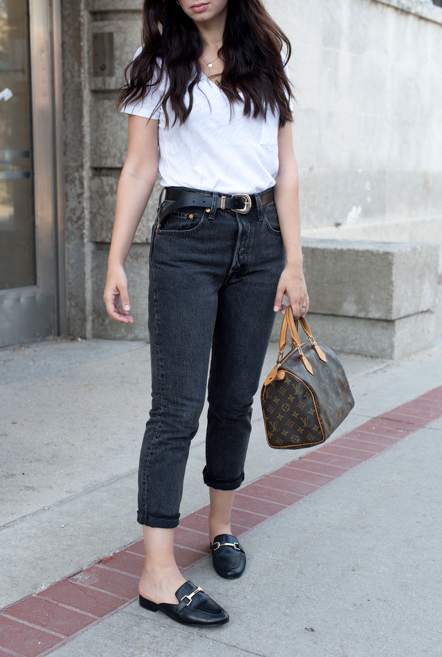 Outfit details on top Winnipeg fashion blogger Cee Fardoe of Coco & Vera including a Zara leather belt and Jonak mules