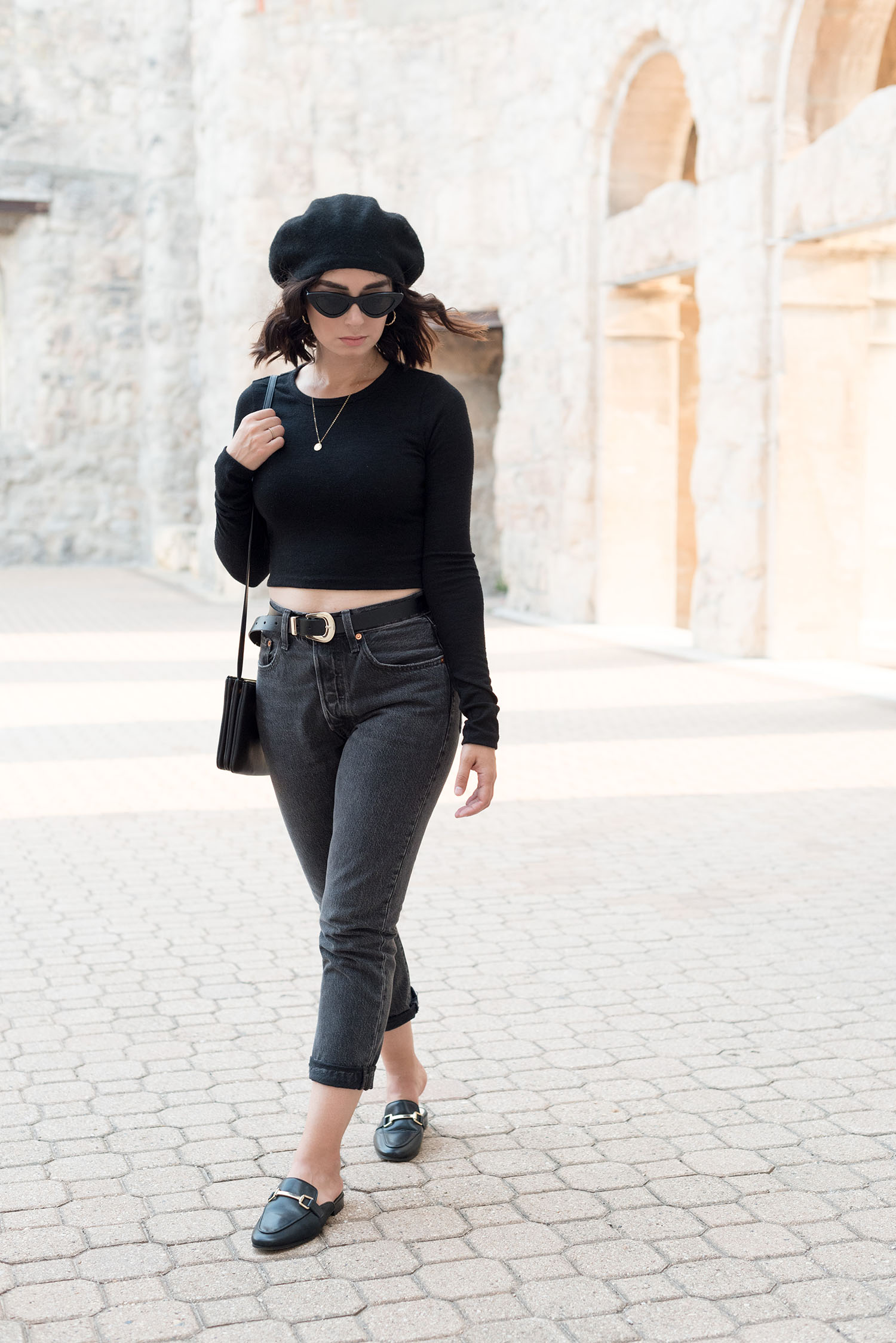 Top Winnipeg fashion blogger Cee Fardoe of Coco & Vera at St. Boniface Cathedral, wearing an Anthropologie Bonnie beret and carrying a Celine trio bag