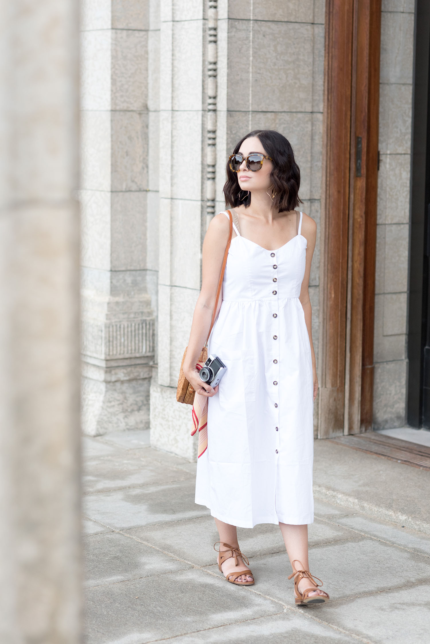 Top Winnipeg fashion blogger Cee Fardoe of Coco & Vera wears a white Venidress midi dress and Sezane gladiator sandals